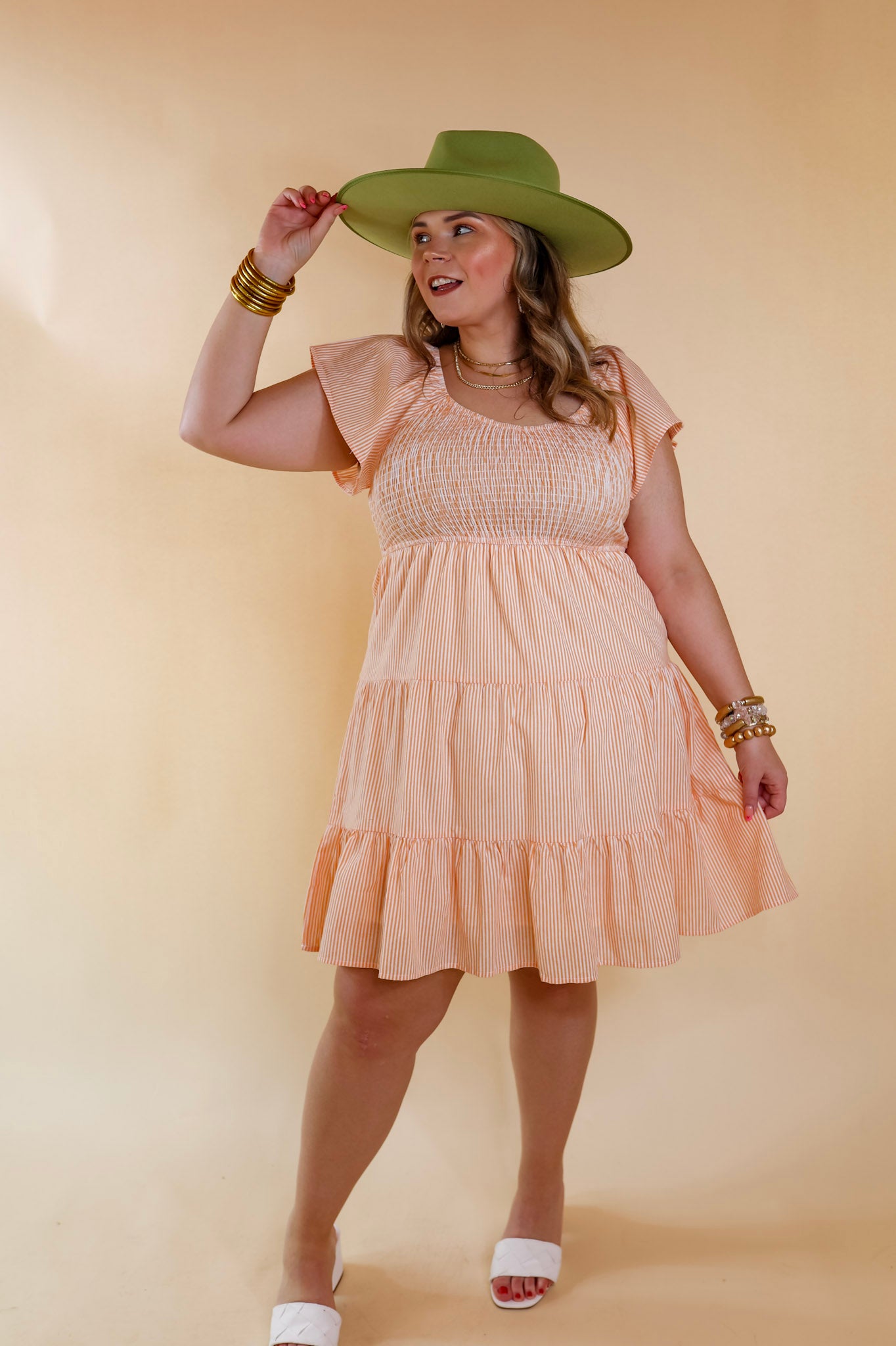 Sweet To Me Smocked Upper Pin Stripe Tiered Dress in Orange - Giddy Up Glamour Boutique