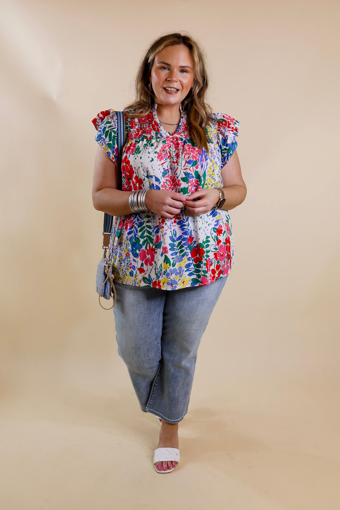 Lovely Line Up Floral Print with Ruffle Cap Sleeves in Ivory Mix - Giddy Up Glamour Boutique