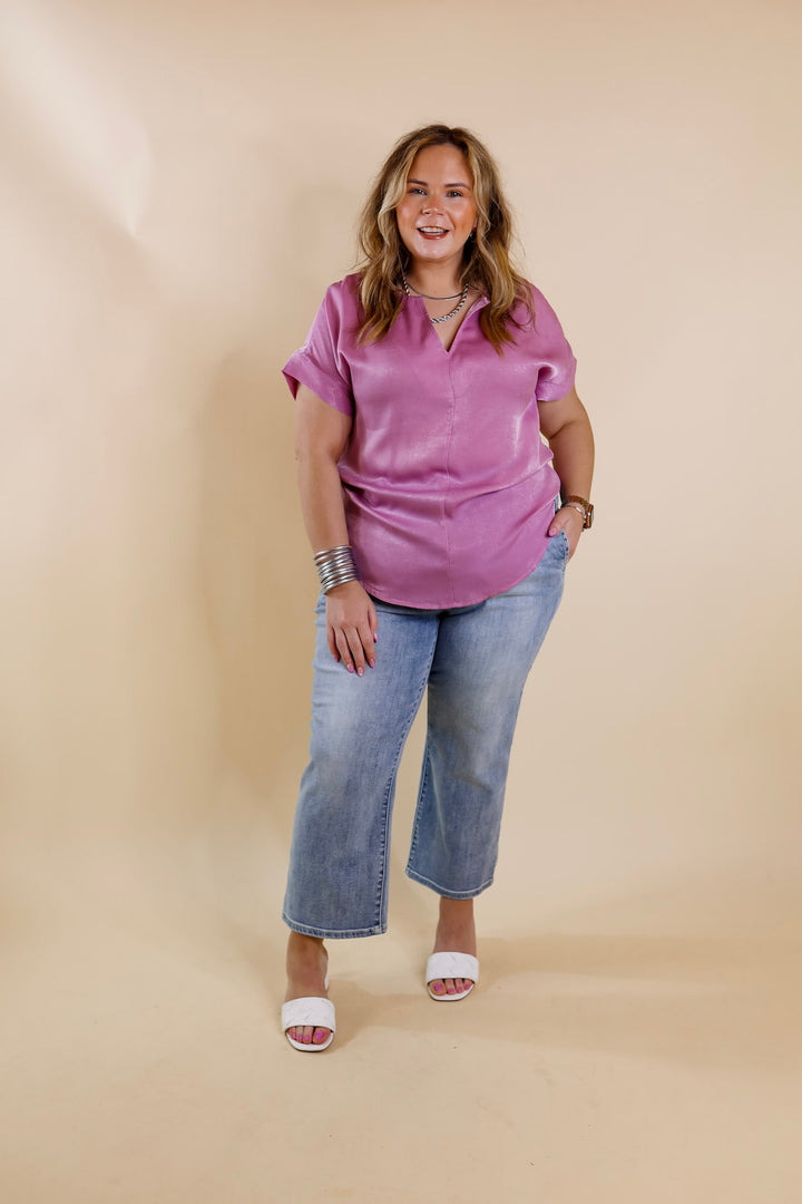 Channeling Confidence Notch Neck Short Sleeve Top in Dusty Purple - Giddy Up Glamour Boutique