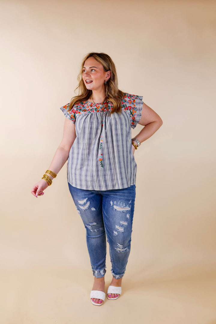 Sweet Success Floral Embroidered Striped Top with Ruffle Cap Sleeves in Dusty Blue - Giddy Up Glamour Boutique