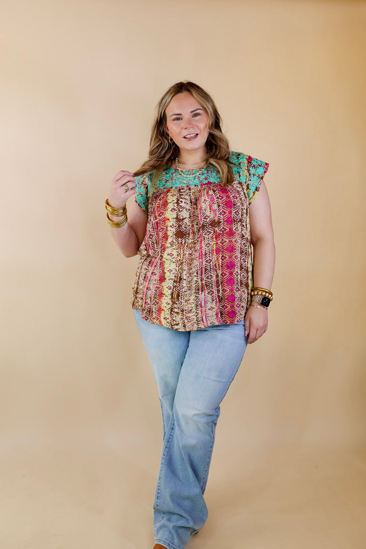Festival Weather Turquoise Embroidered Tribal Print Top with Ruffle Cap Sleeves in Olive Green Mix - Giddy Up Glamour Boutique