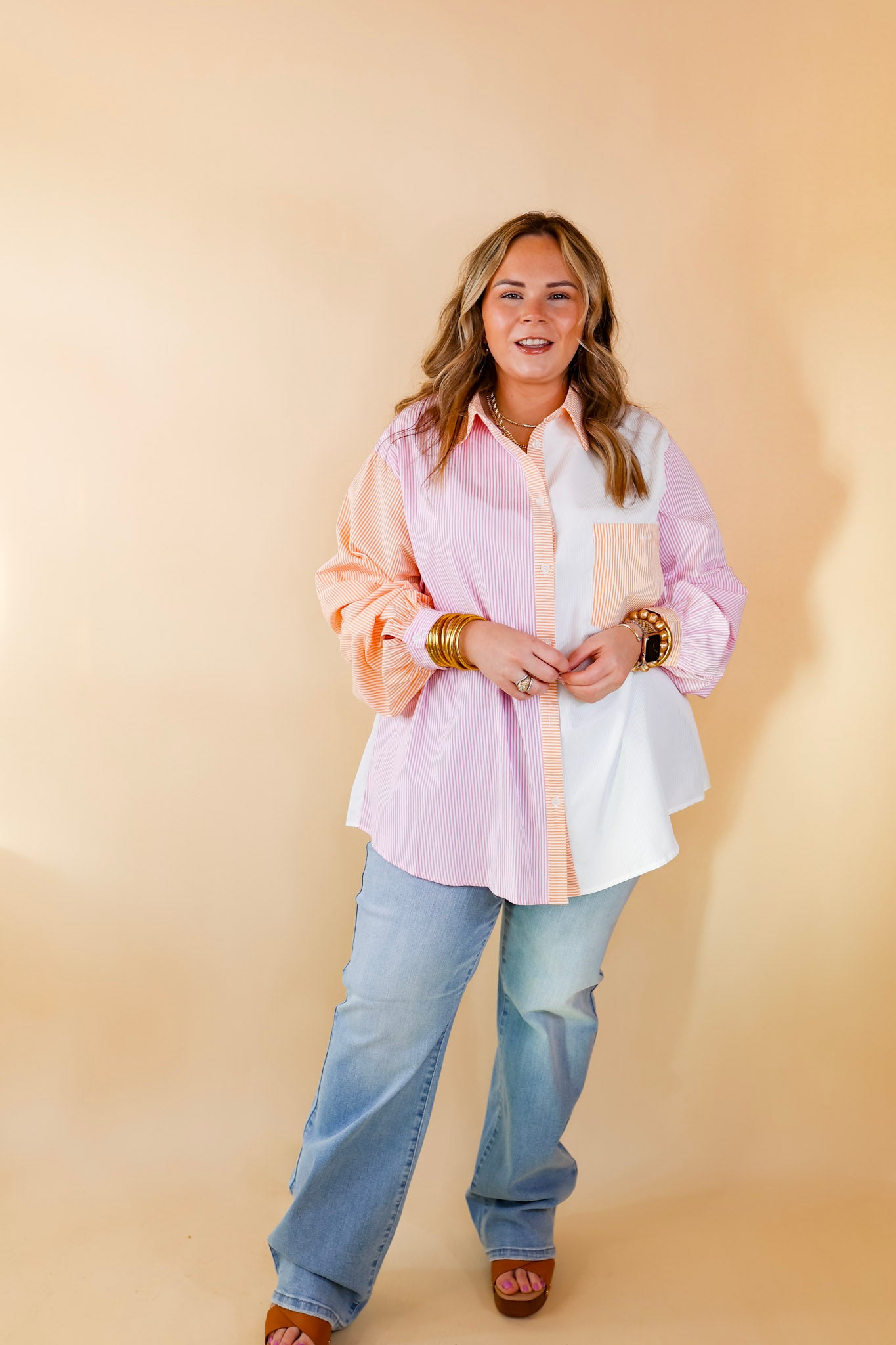 Picture This Pin Stripe Color Block Button Up Top in Pink and Orange - Giddy Up Glamour Boutique