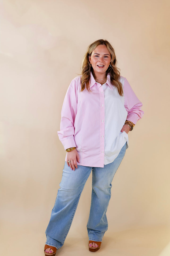 Back To You Pin Stripe Color Block Button Up Top in Pink and White - Giddy Up Glamour Boutique