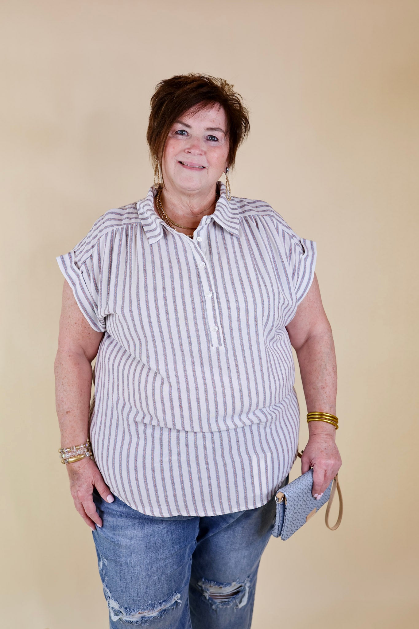 Long Time Coming Half Button Up Pin Stripe Top in Ivory - Giddy Up Glamour Boutique