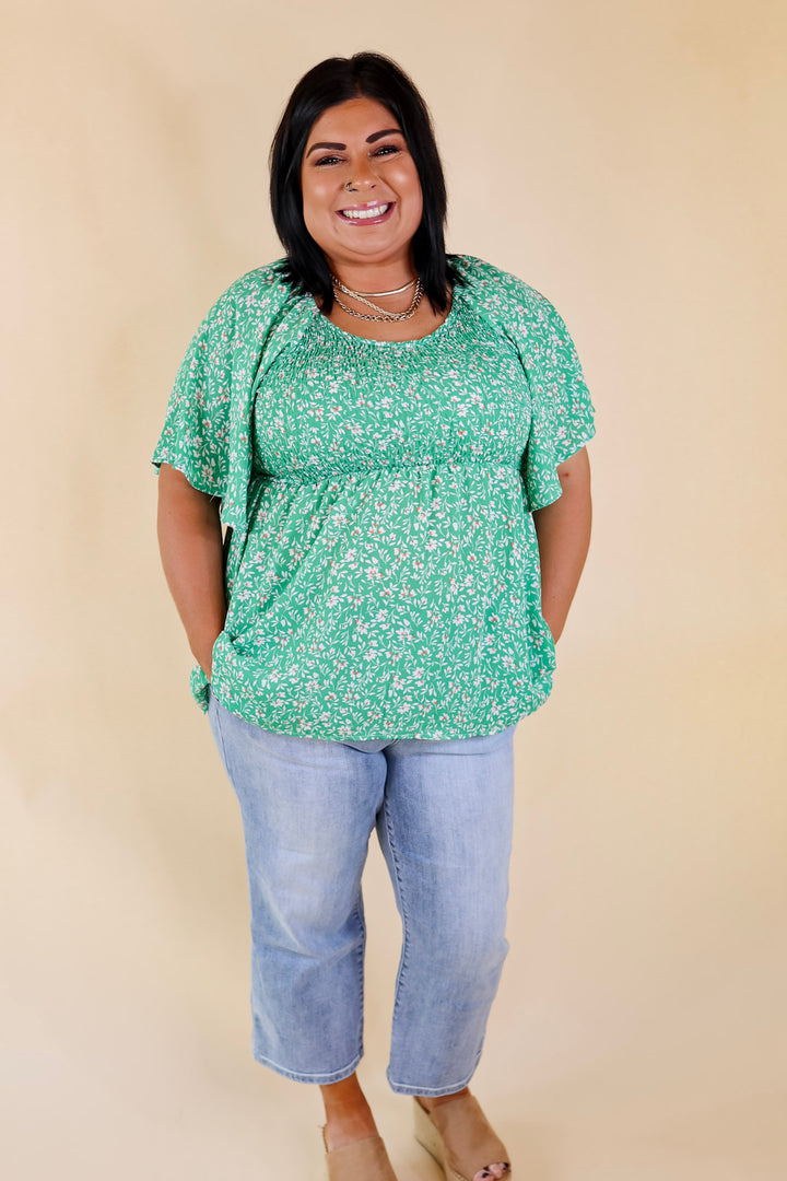 Little Coastal Town Floral Short Sleeve Top with Smocked Bodice in Green - Giddy Up Glamour Boutique