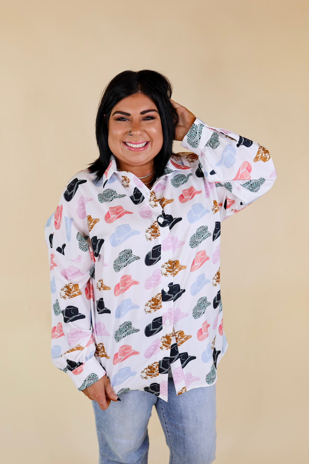 The Cowgirl Way Button Up Mix Print Cowboy Hat Top in White - Giddy Up Glamour Boutique