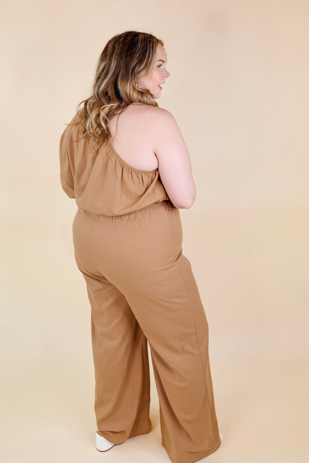 Ready To Wow One Shoulder Wide Leg Jumpsuit in Camel Brown - Giddy Up Glamour Boutique