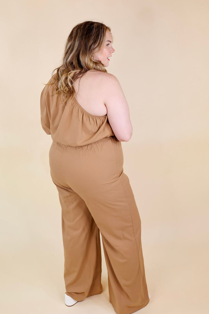 Ready To Wow One Shoulder Wide Leg Jumpsuit in Camel Brown - Giddy Up Glamour Boutique