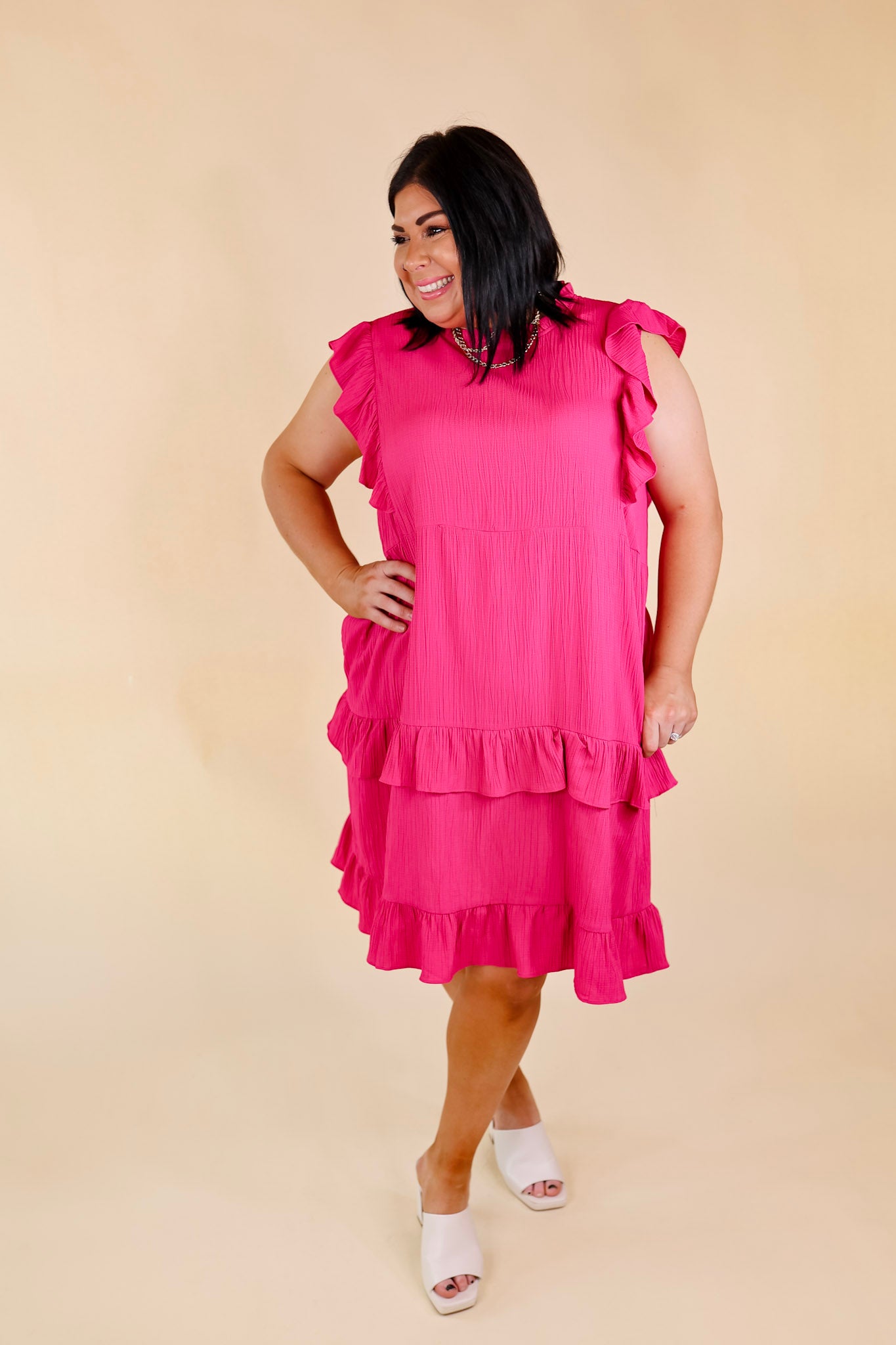Dreaming Bigger Ruffle Detail Midi Dress in Pink - Giddy Up Glamour Boutique