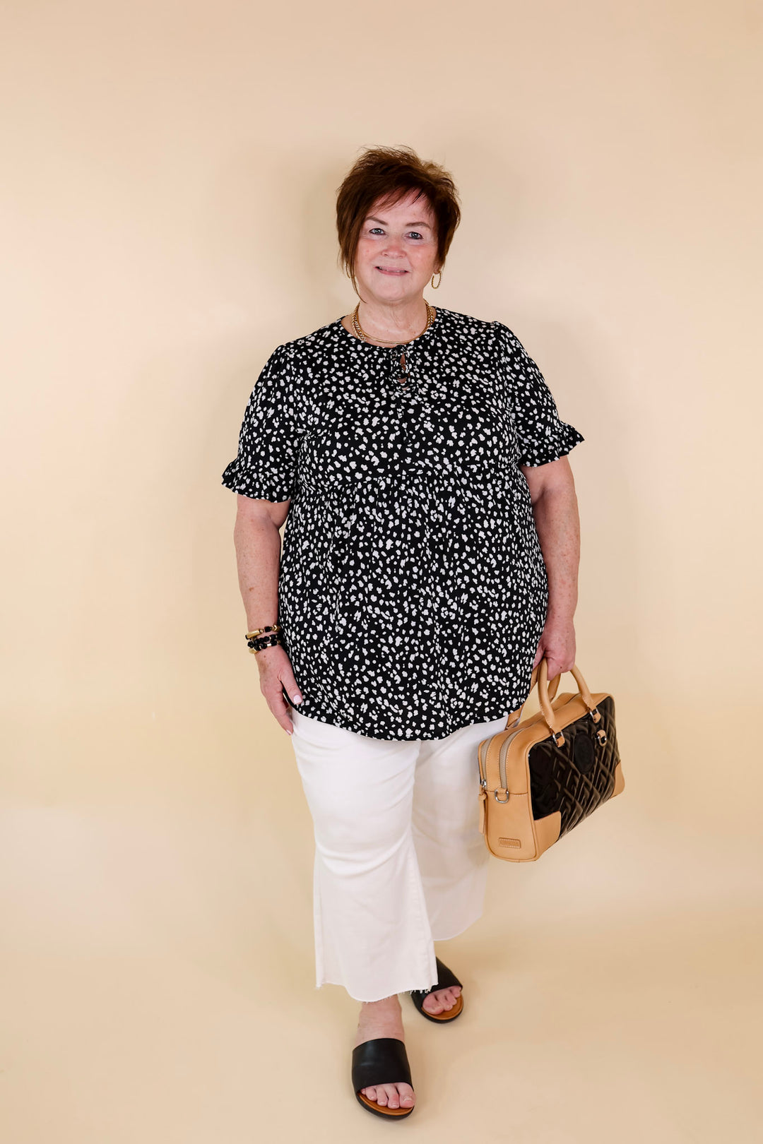 Waiting For A Sign Cheetah Print Babydoll Top with Keyhole and Tie Neckline in Black - Giddy Up Glamour Boutique