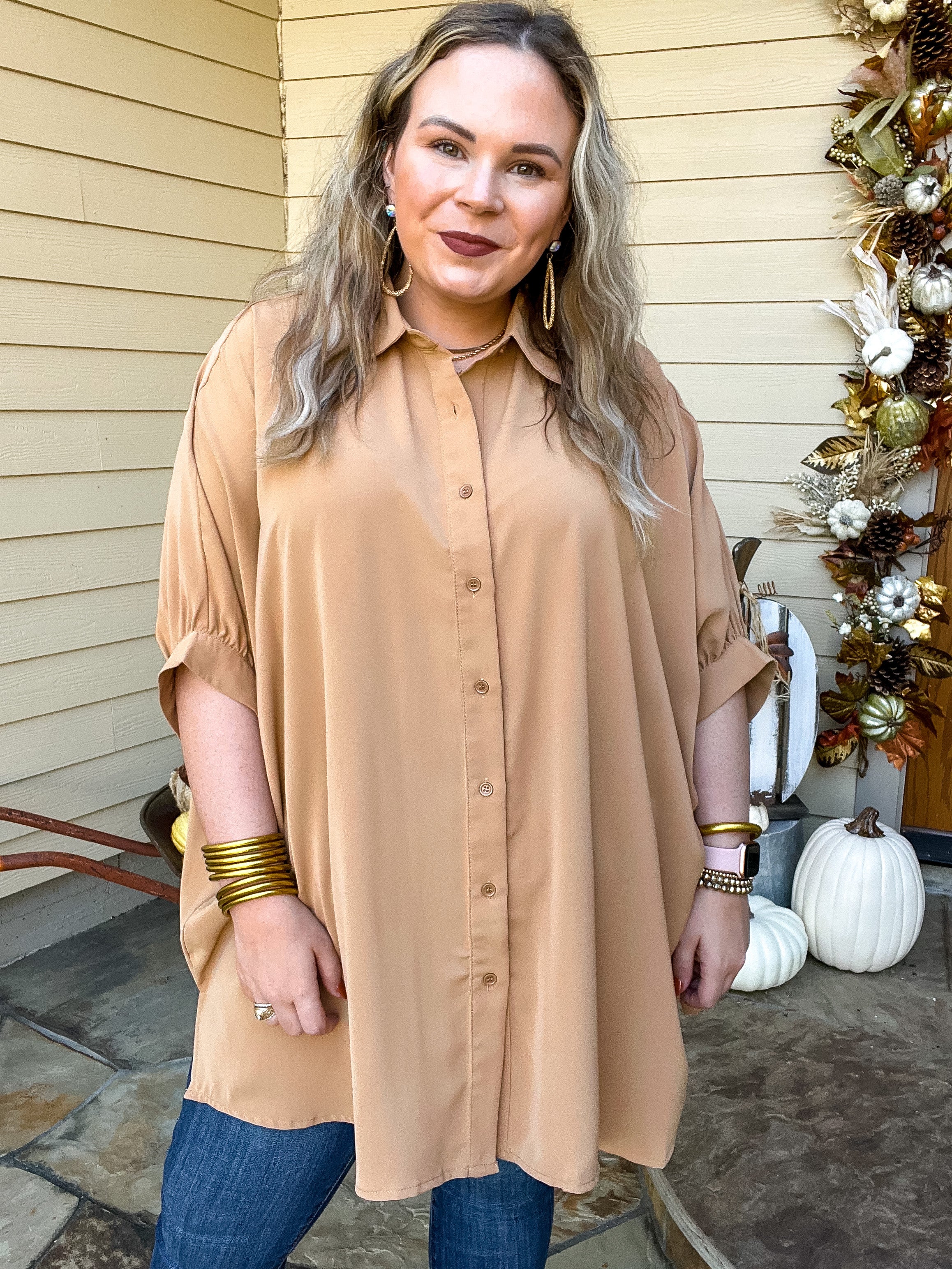 LAST CHANCE SMALL/MEDIUM | City Lifestyle Button Up Half Sleeve Poncho Top in Camel Brown - Giddy Up Glamour Boutique