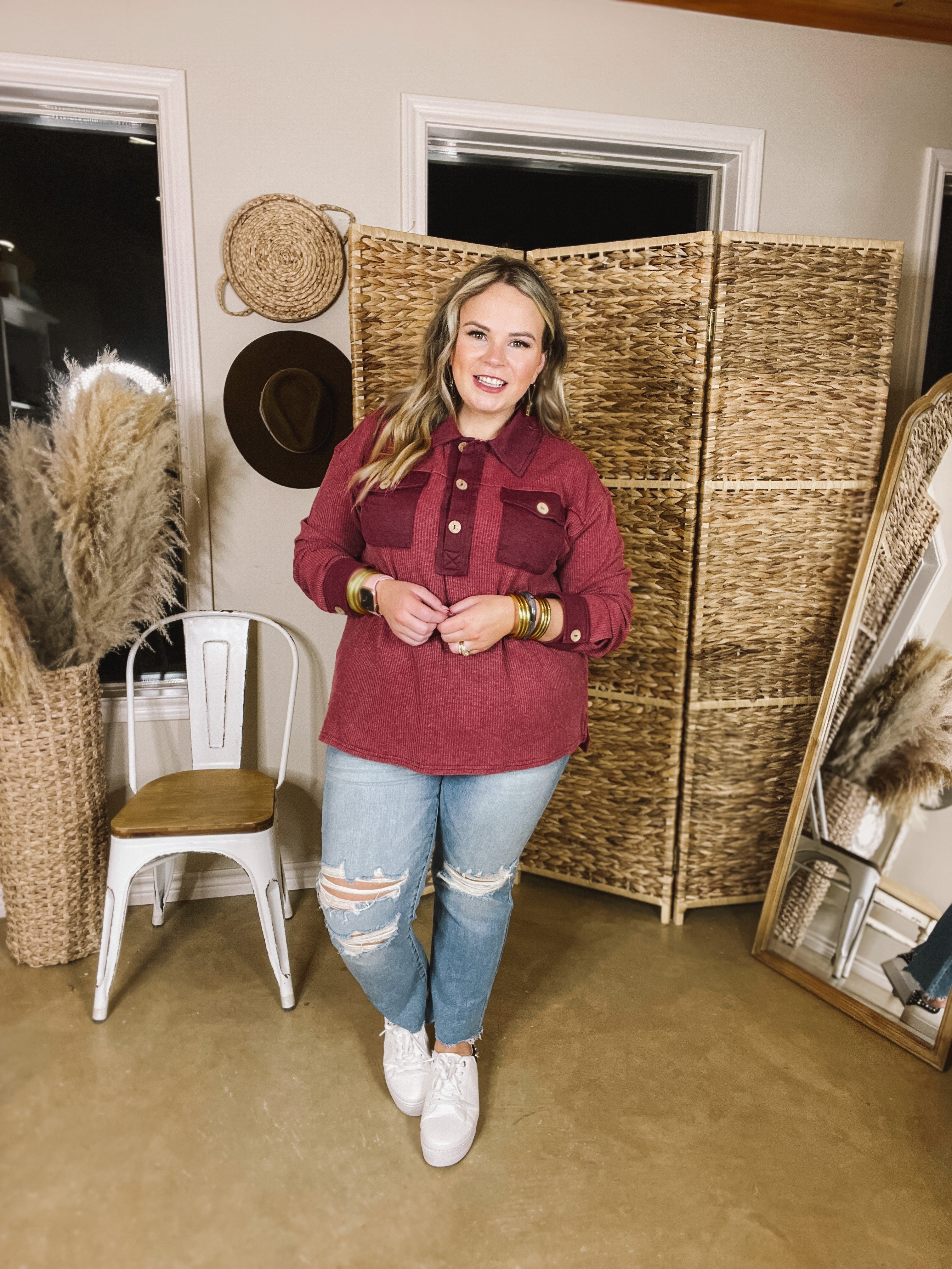Cozy Welcome Waffle Knit Collared Top with Long Sleeves in Maroon - Giddy Up Glamour Boutique