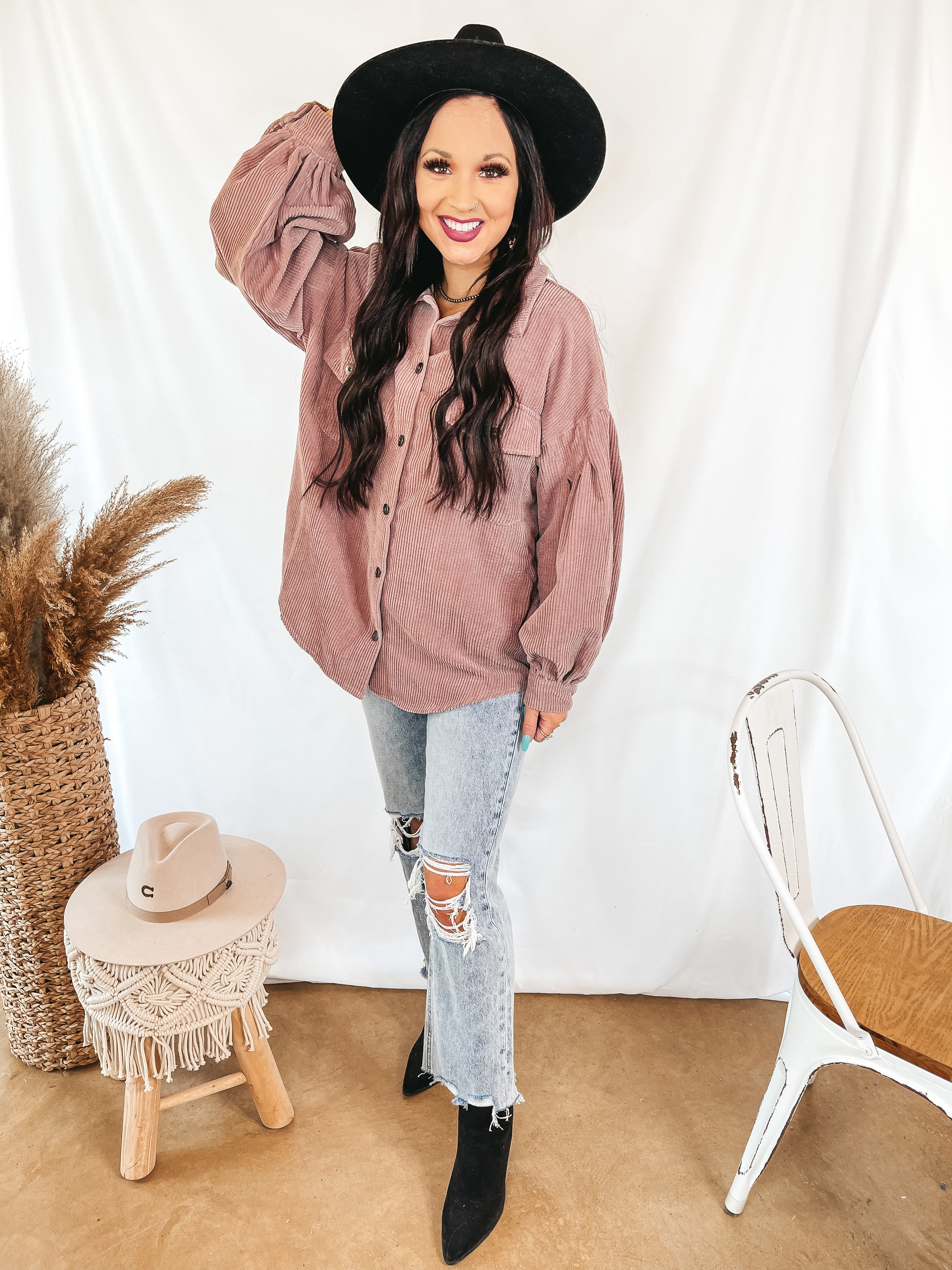 Cute Collab Button Up Corduroy Shacket with Balloon Sleeves in Mauve - Giddy Up Glamour Boutique