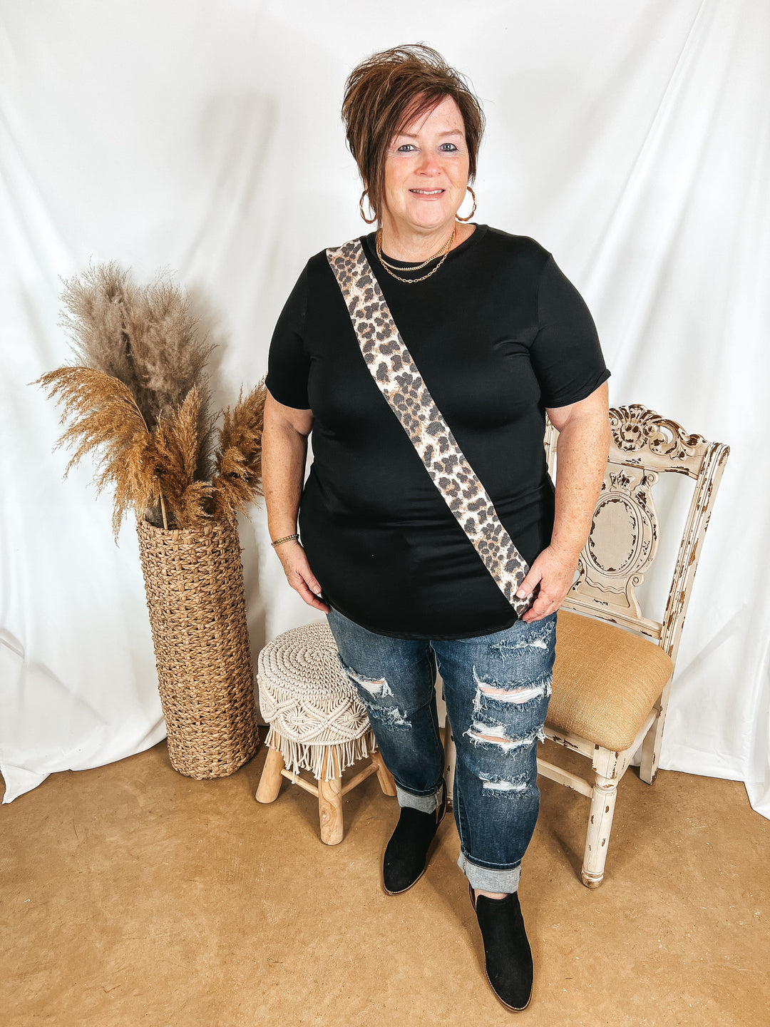 At It Again Leopard Print Diagonal Stripe Top in Black - Giddy Up Glamour Boutique