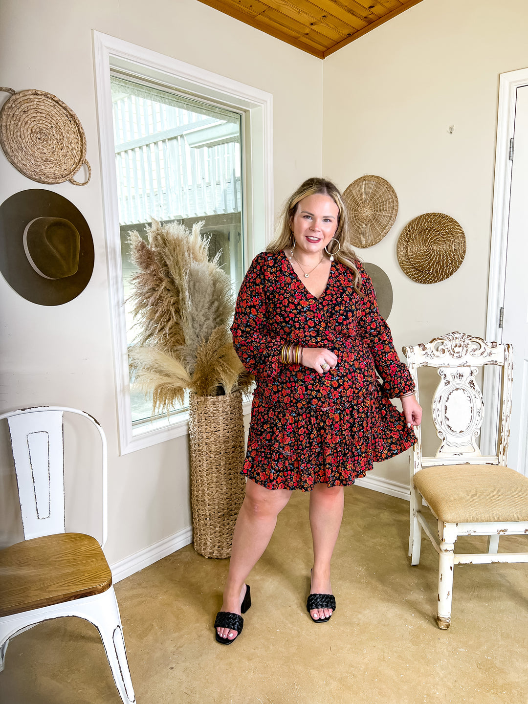 Chasing Love Floral Tiered Dress with Long Sleeves in Black - Giddy Up Glamour Boutique
