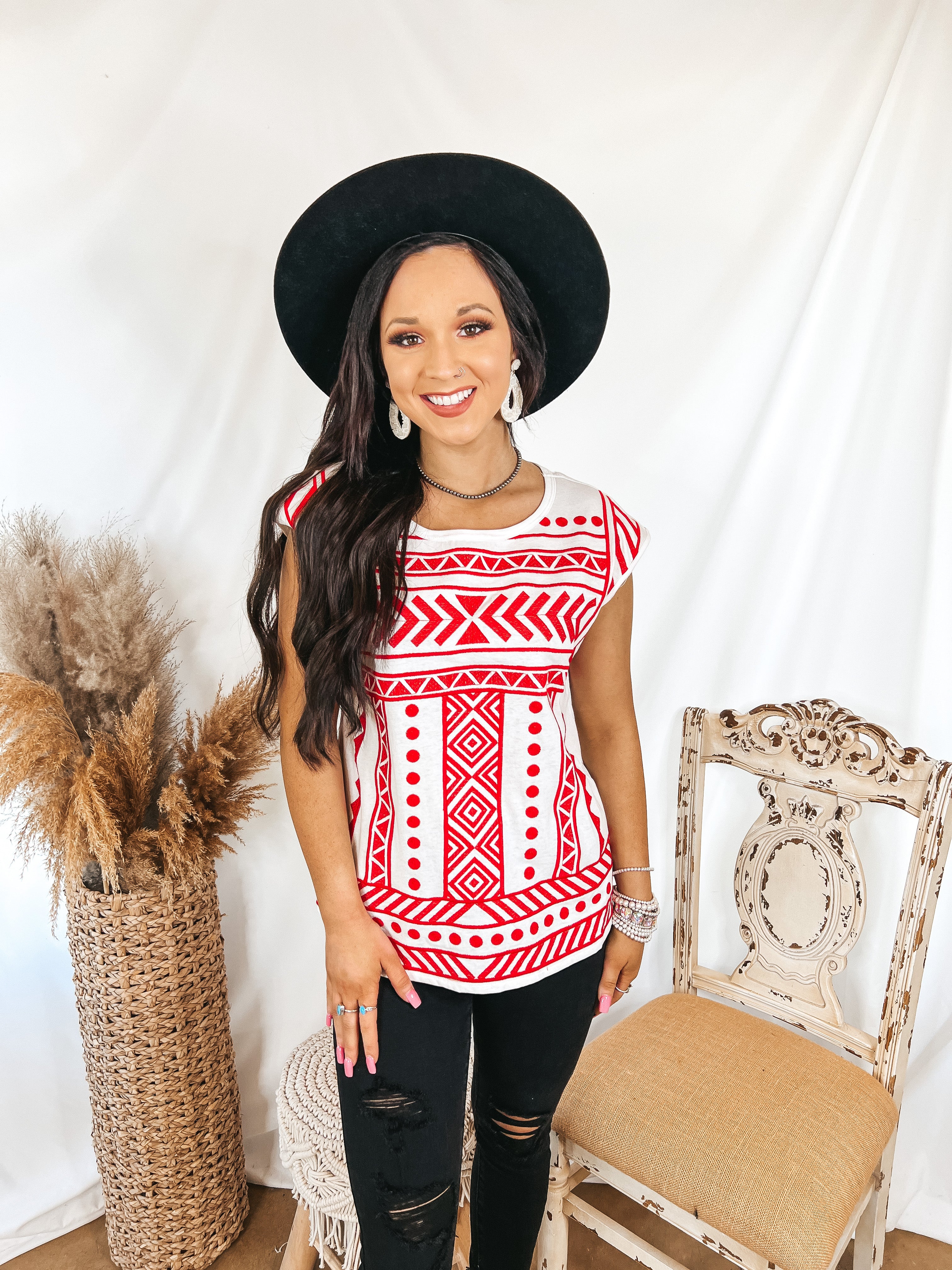 Call To You Red Pattern Embroidered Cap Sleeve Top in White - Giddy Up Glamour Boutique