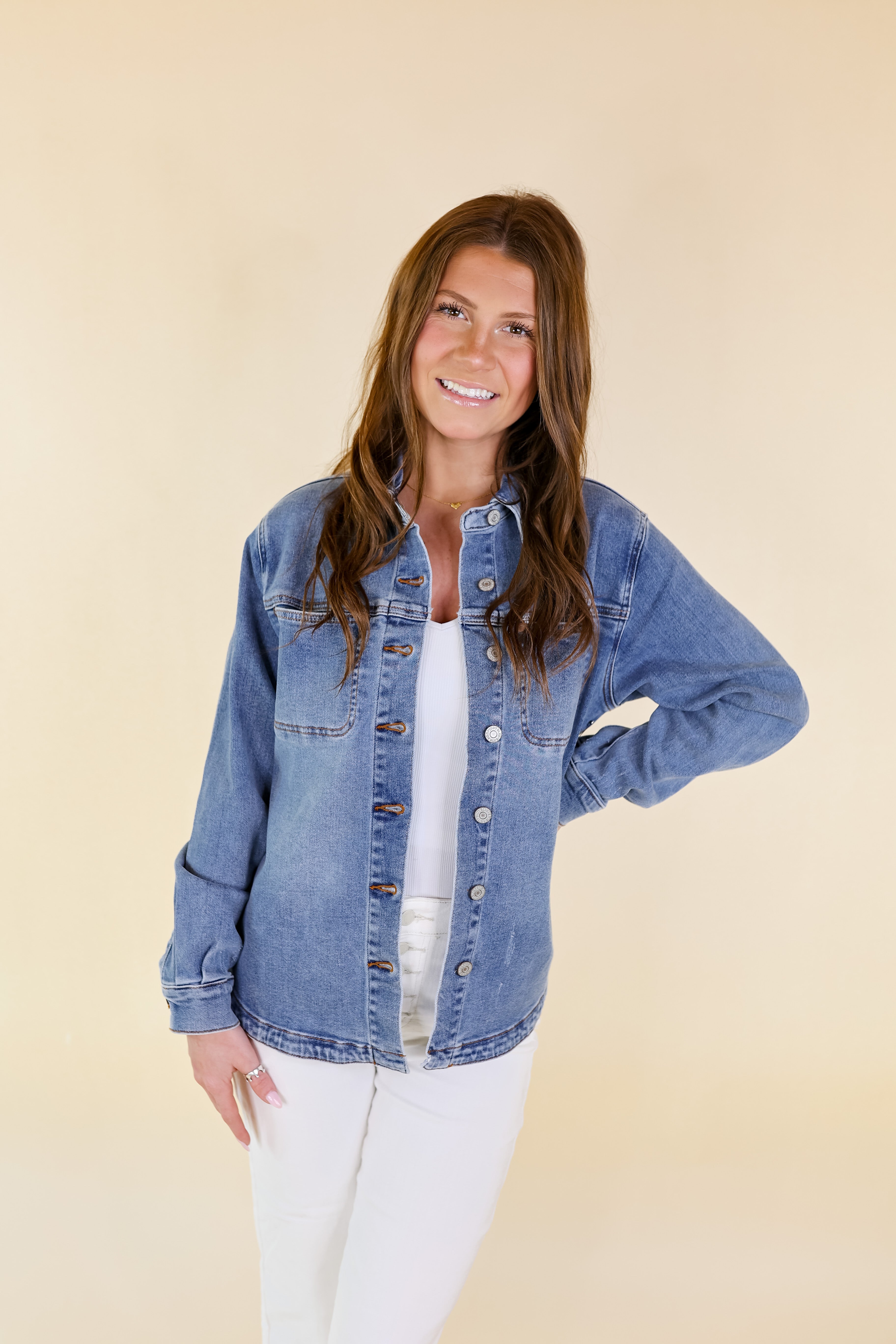 Judy Blue | Feeling Refreshed Button Up Denim Shacket in Medium Wash - Giddy Up Glamour Boutique