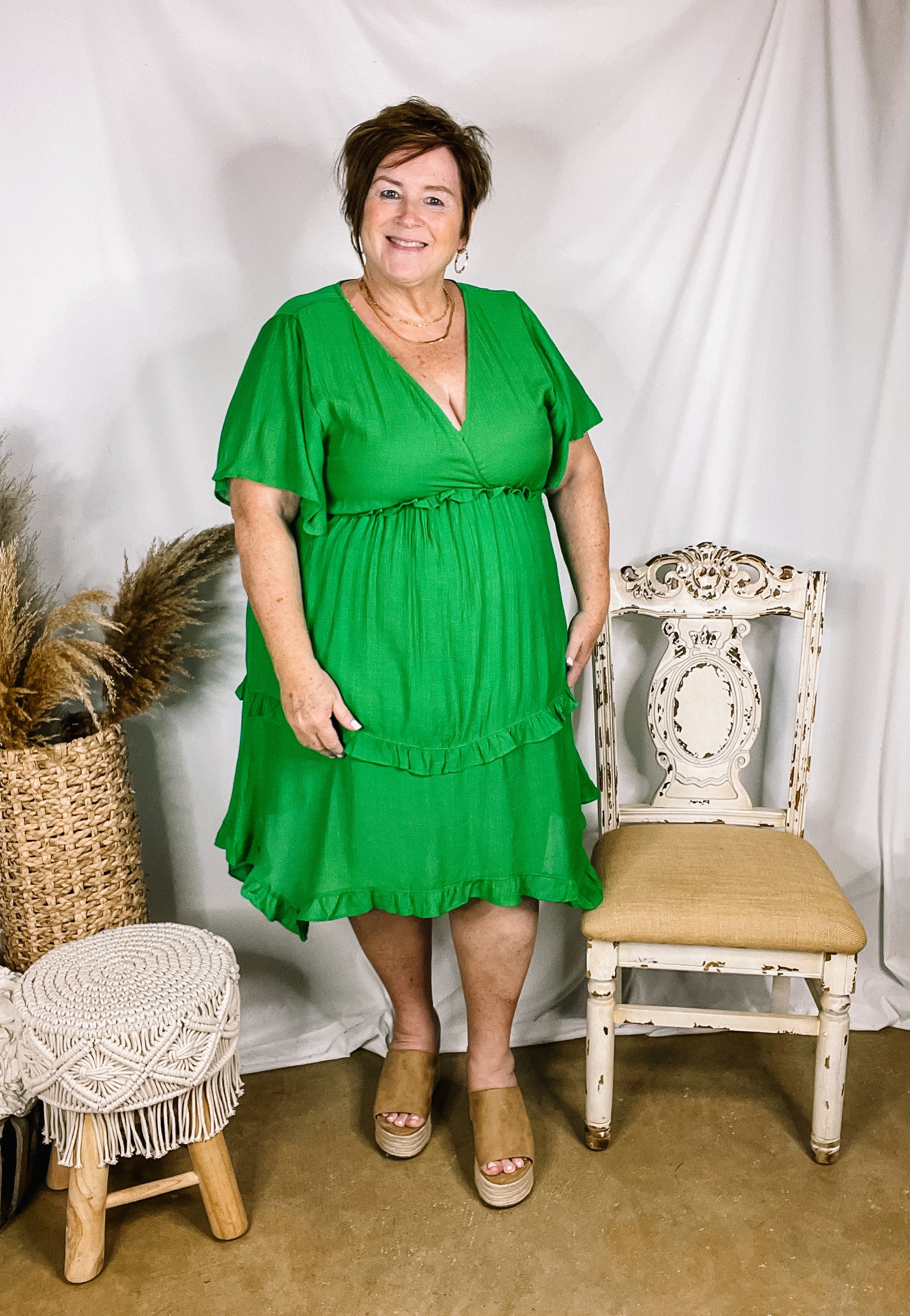 Movie Moment Ruffle Detailed V Neck Dress in Green - Giddy Up Glamour Boutique