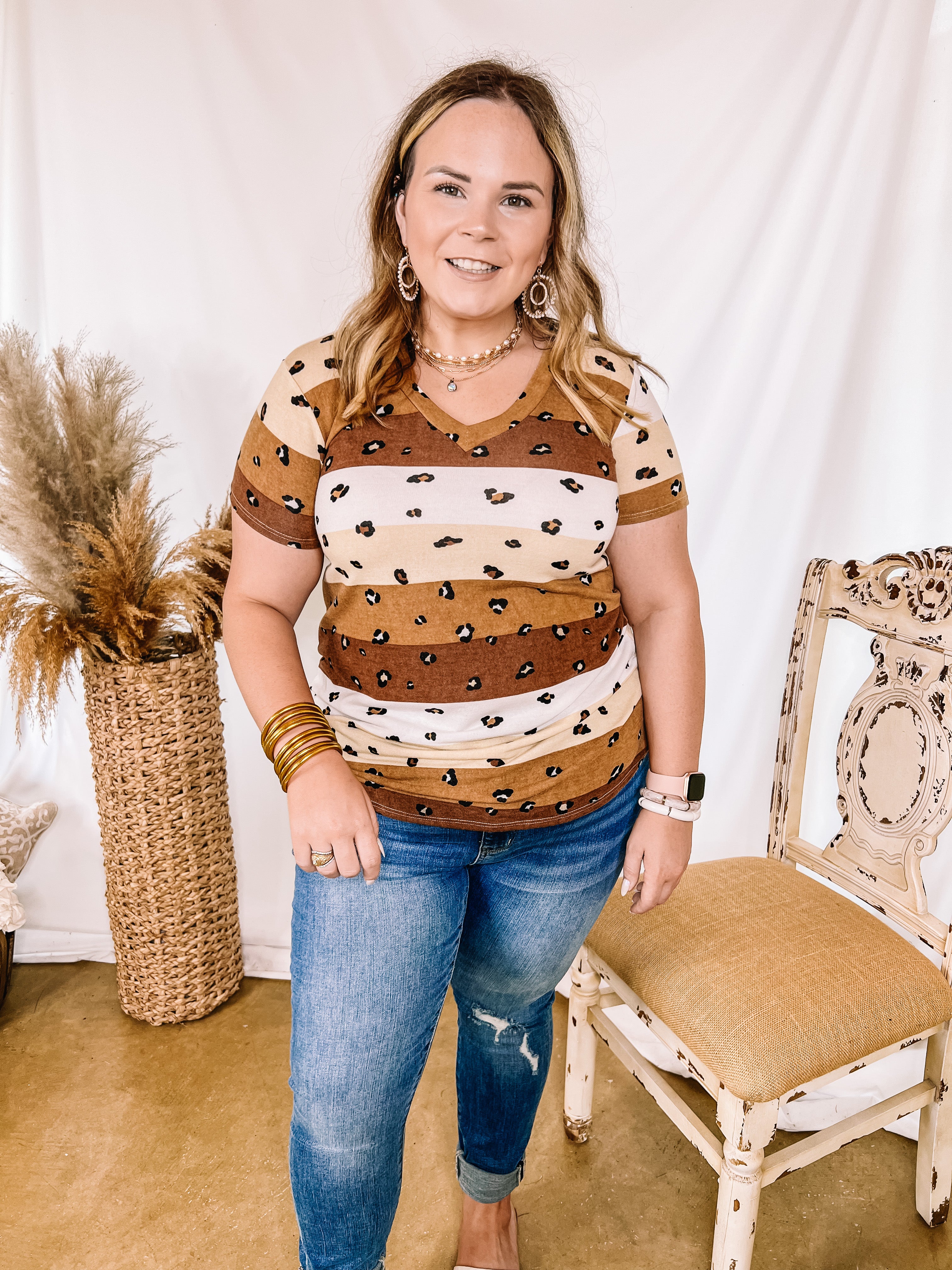 Keep Things Simple V Neck Striped and Animal Print Short Sleeve Tee Shirt in Brown Mix - Giddy Up Glamour Boutique