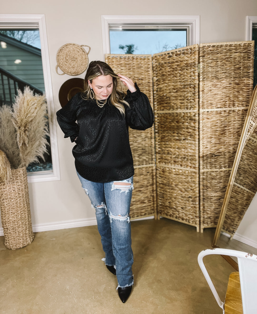 Mood Setter Ruffle Mock Neck Long Sleeve Leopard Print Satin Top in Black - Giddy Up Glamour Boutique