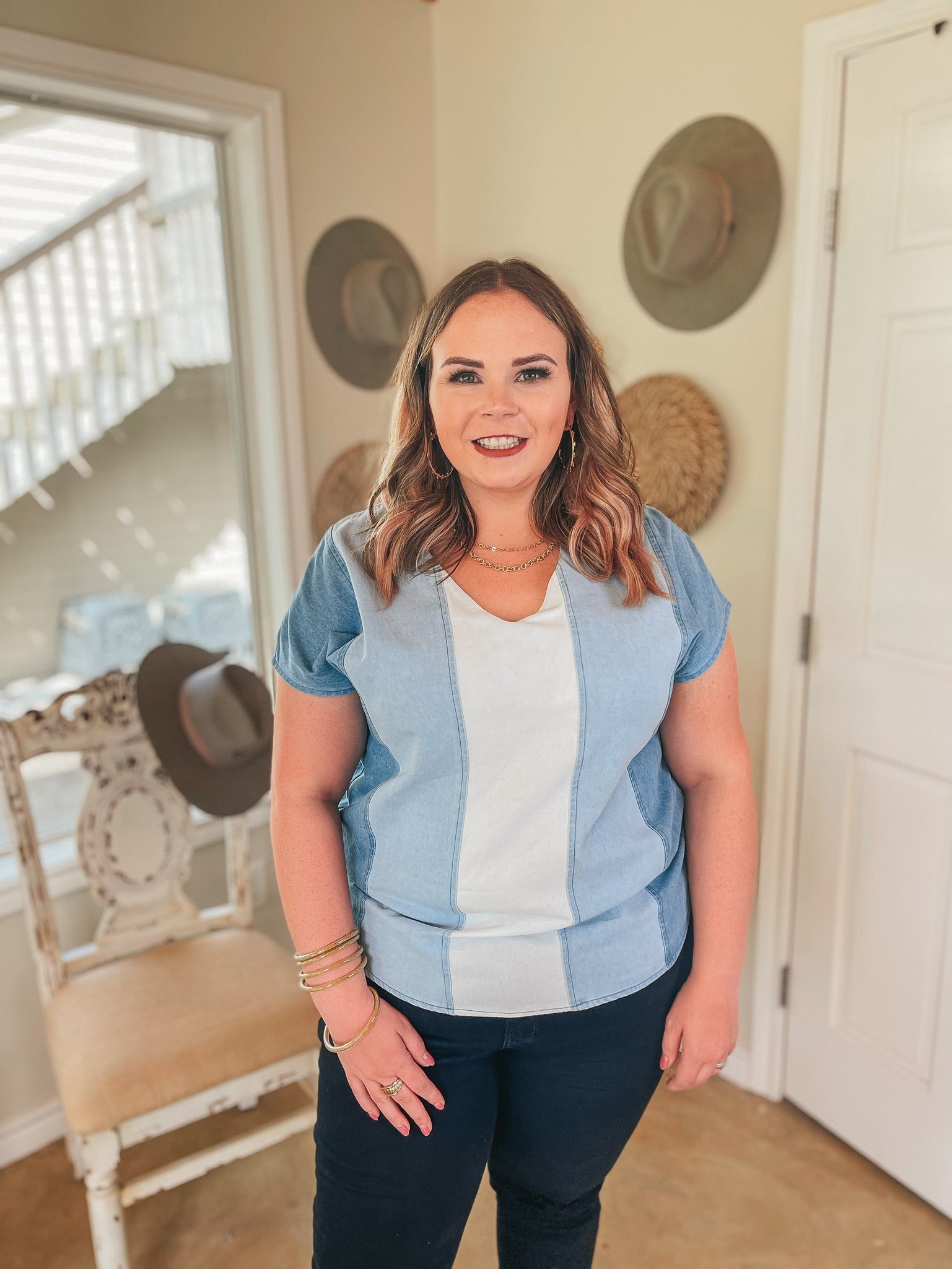 Perfect Results Color Block Stripe Short Sleeve V Neck Top in Denim - Giddy Up Glamour Boutique