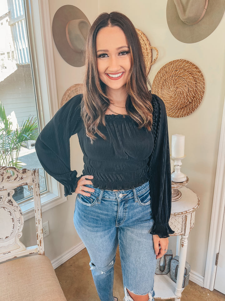 Into the Evening Satin Pleated Long Sleeve Crop Top in Black - Giddy Up Glamour Boutique
