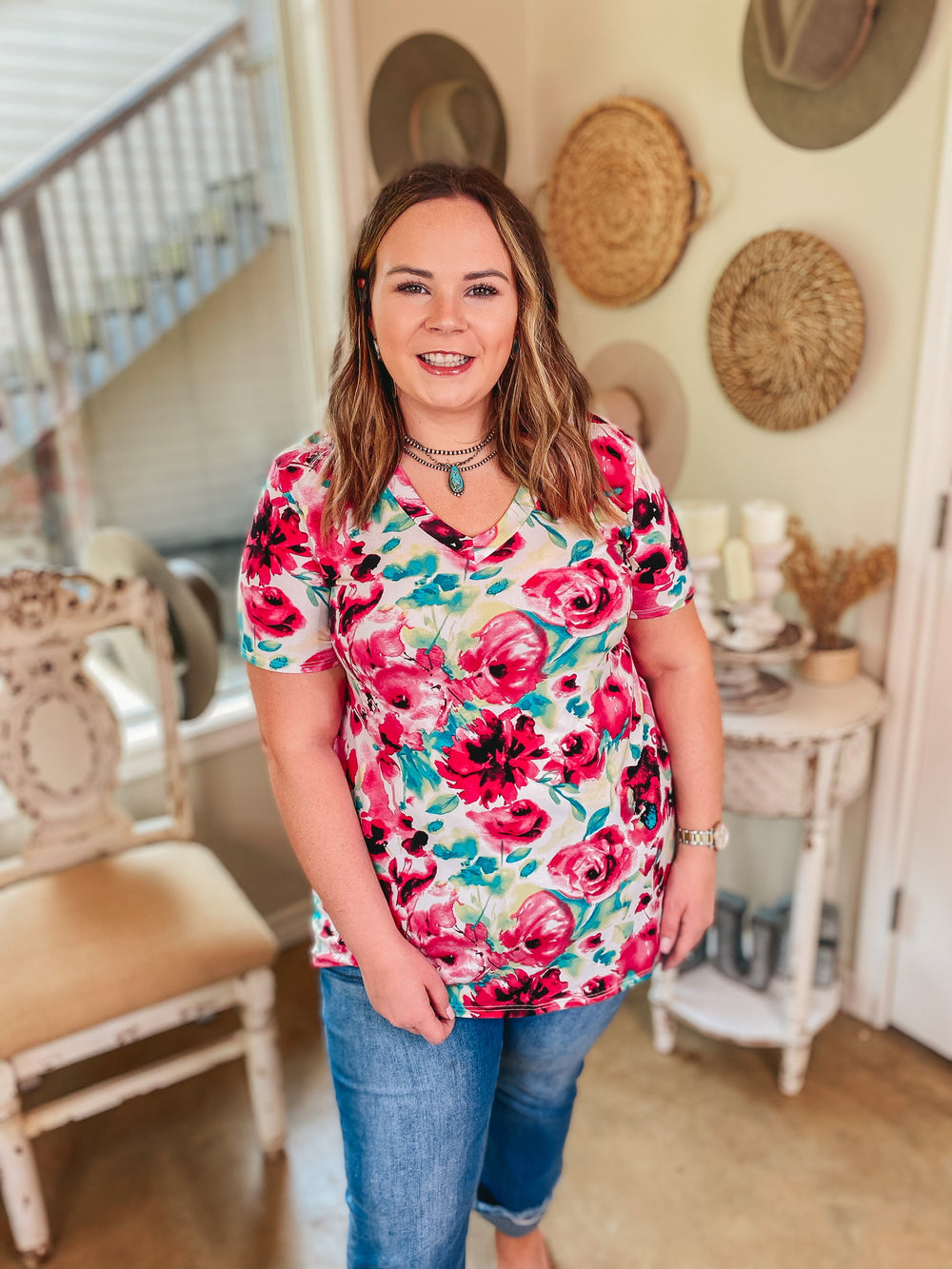 Keep Things Simple Rose Floral V Neck Tee in Pink - Giddy Up Glamour Boutique