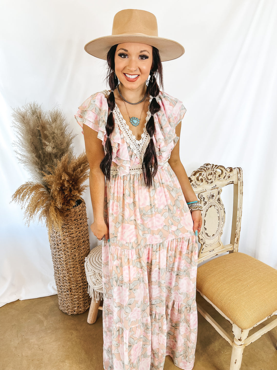 Sunlight Hours Watercolor Floral Maxi Dress with Crochet Detailing in Peach Pink - Giddy Up Glamour Boutique