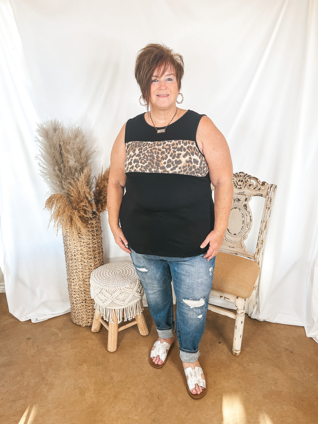 One Step Ahead Tank Top with Leopard Print Bust in Black - Giddy Up Glamour Boutique