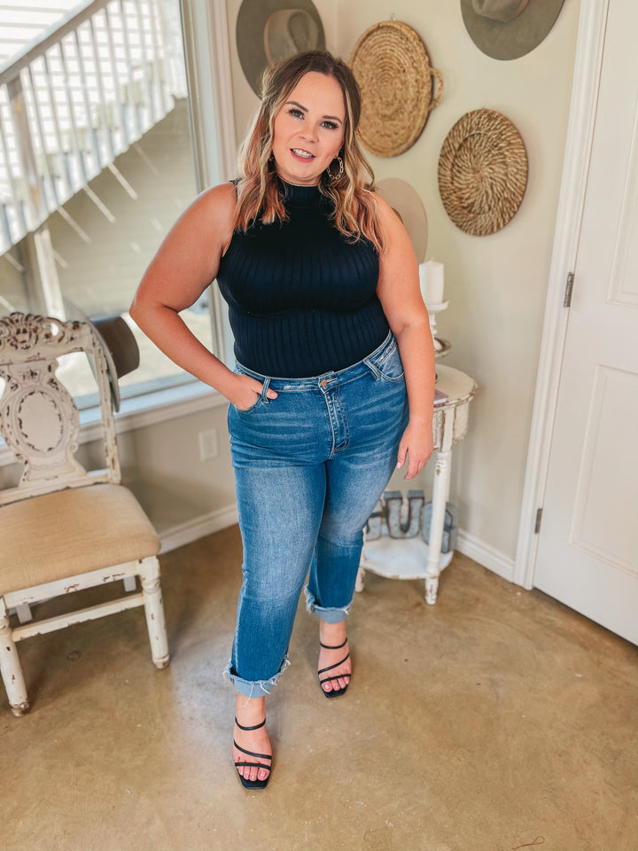 Take Me Somewhere High Neck Ribbed Tank Top in Black - Giddy Up Glamour Boutique