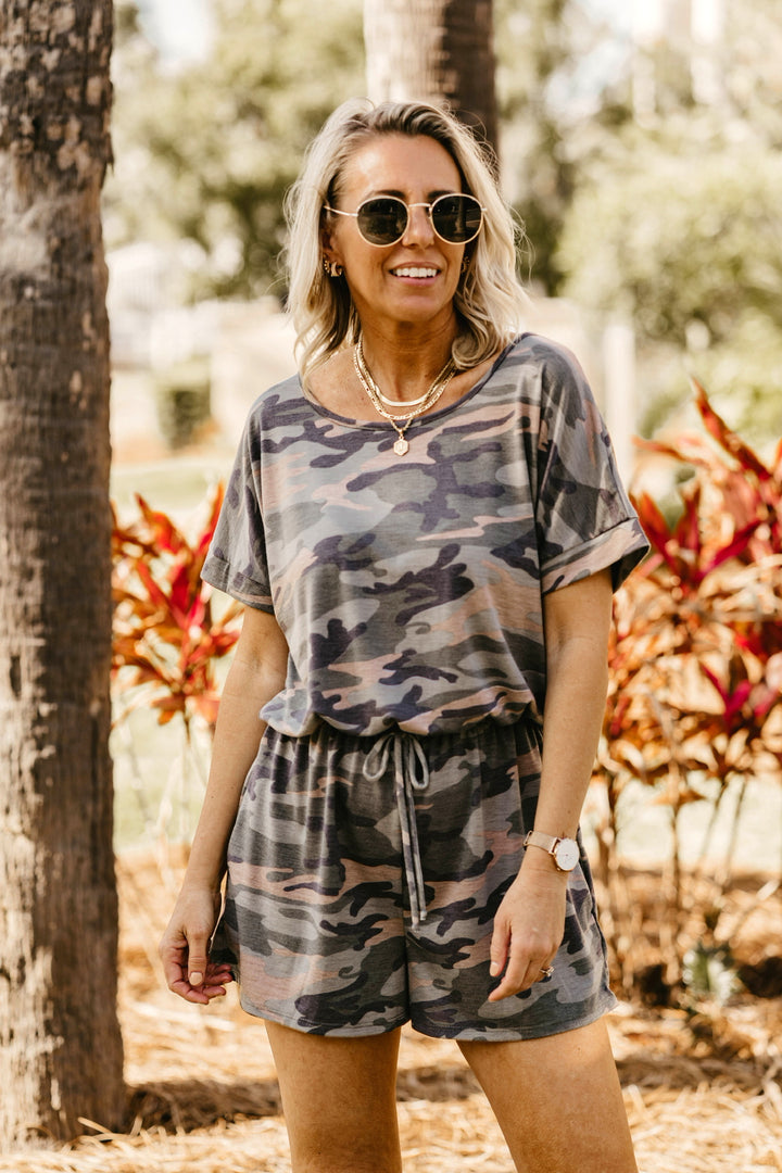 Let Me Loose Short Sleeve Drawstring Waist Tee Shirt Romper in Camouflage - Giddy Up Glamour Boutique
