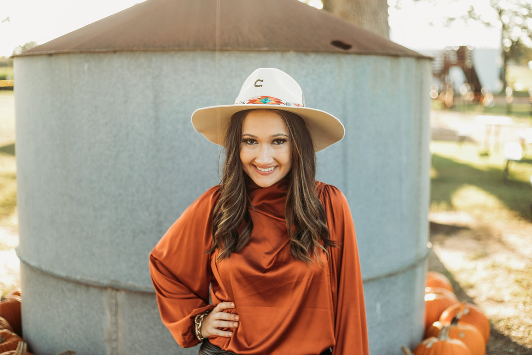 Charlie 1 Horse | Navajo Flat Brim Felt Hat with Tribal Scarf and Leather Feathers in Ivory - Giddy Up Glamour Boutique