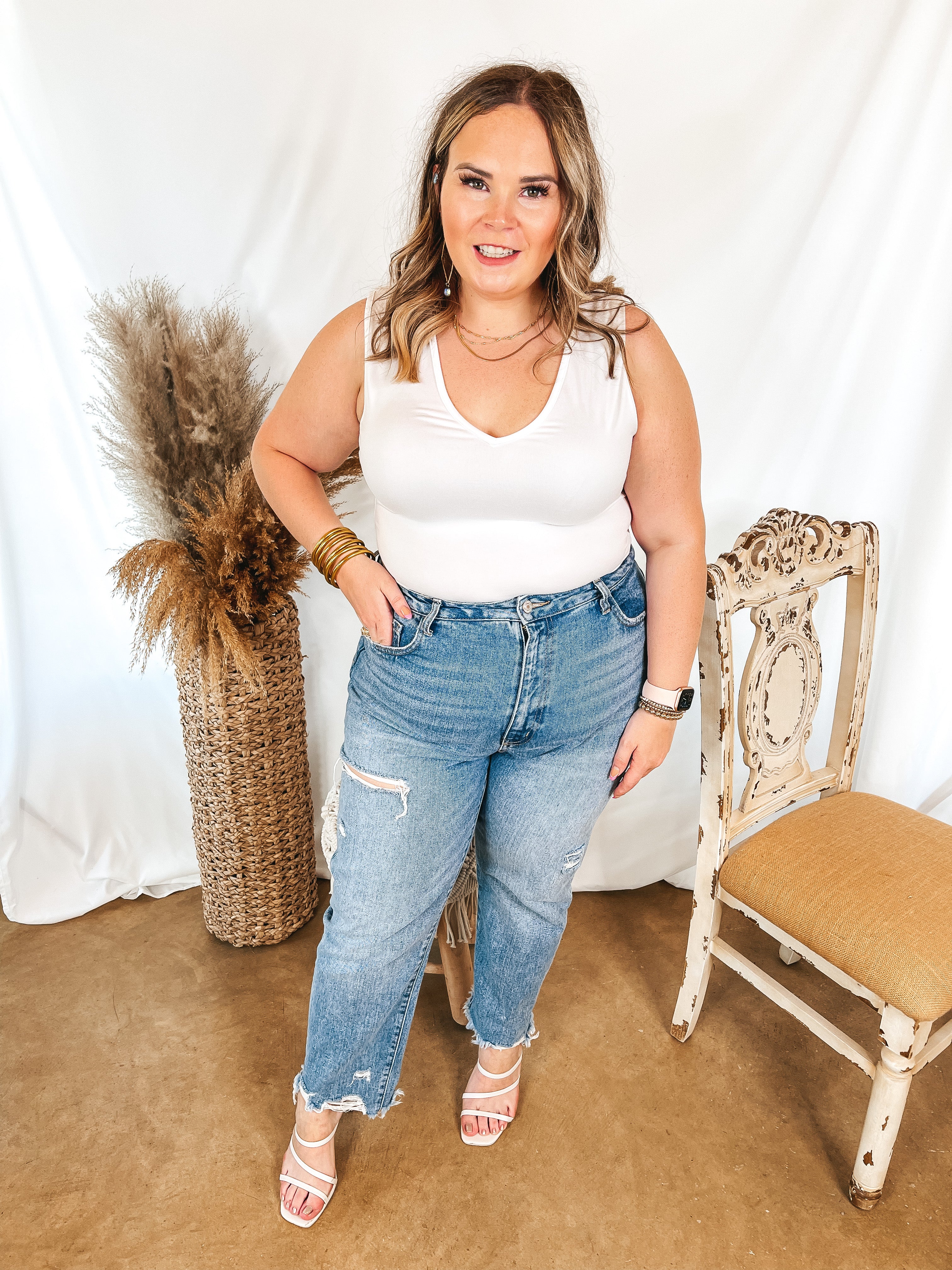 Perfect Night V Neck Tank Bodysuit in White - Giddy Up Glamour Boutique