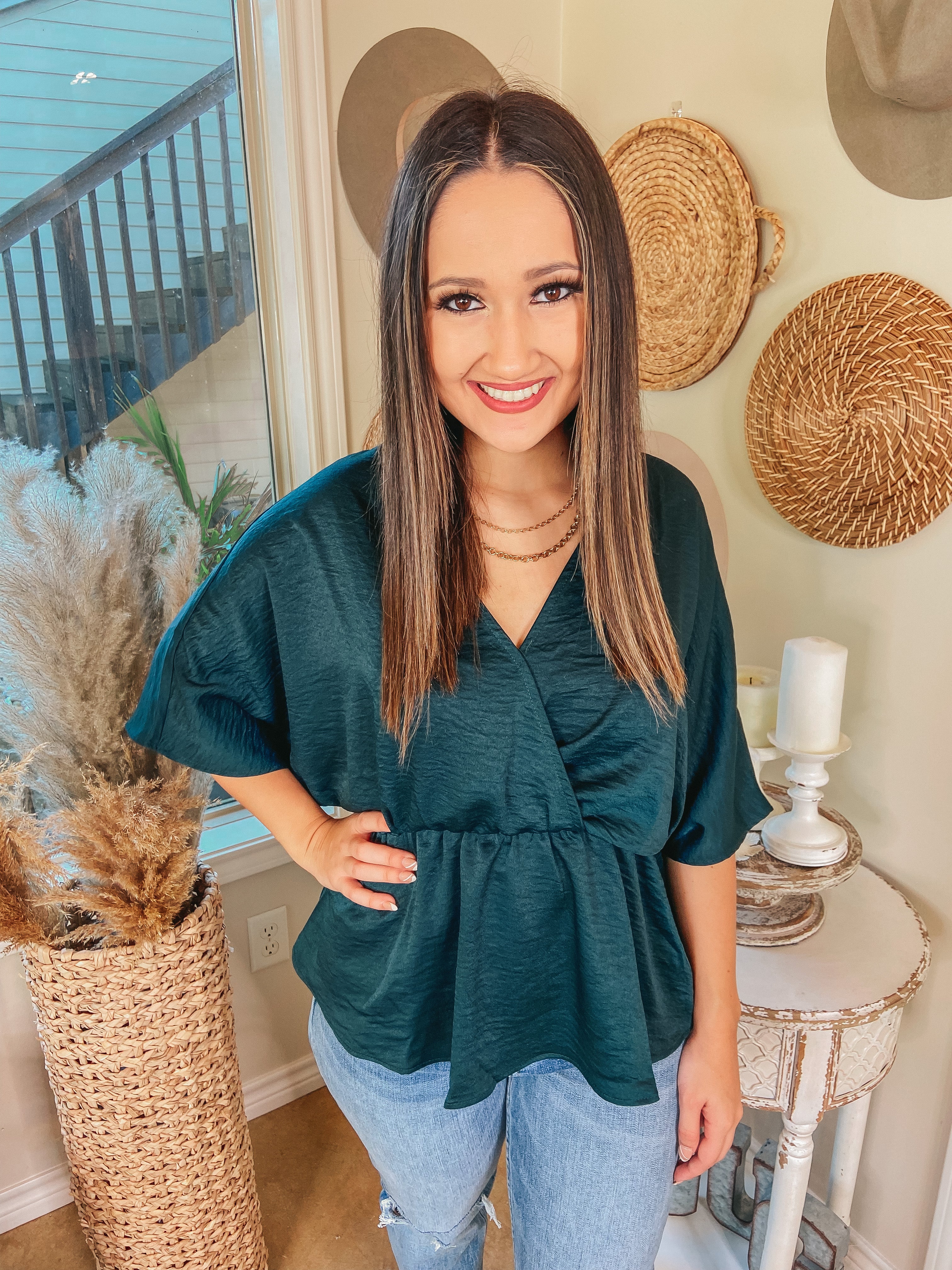 Under the Pines V Neck Peplum Blouse in Forest Green - Giddy Up Glamour Boutique