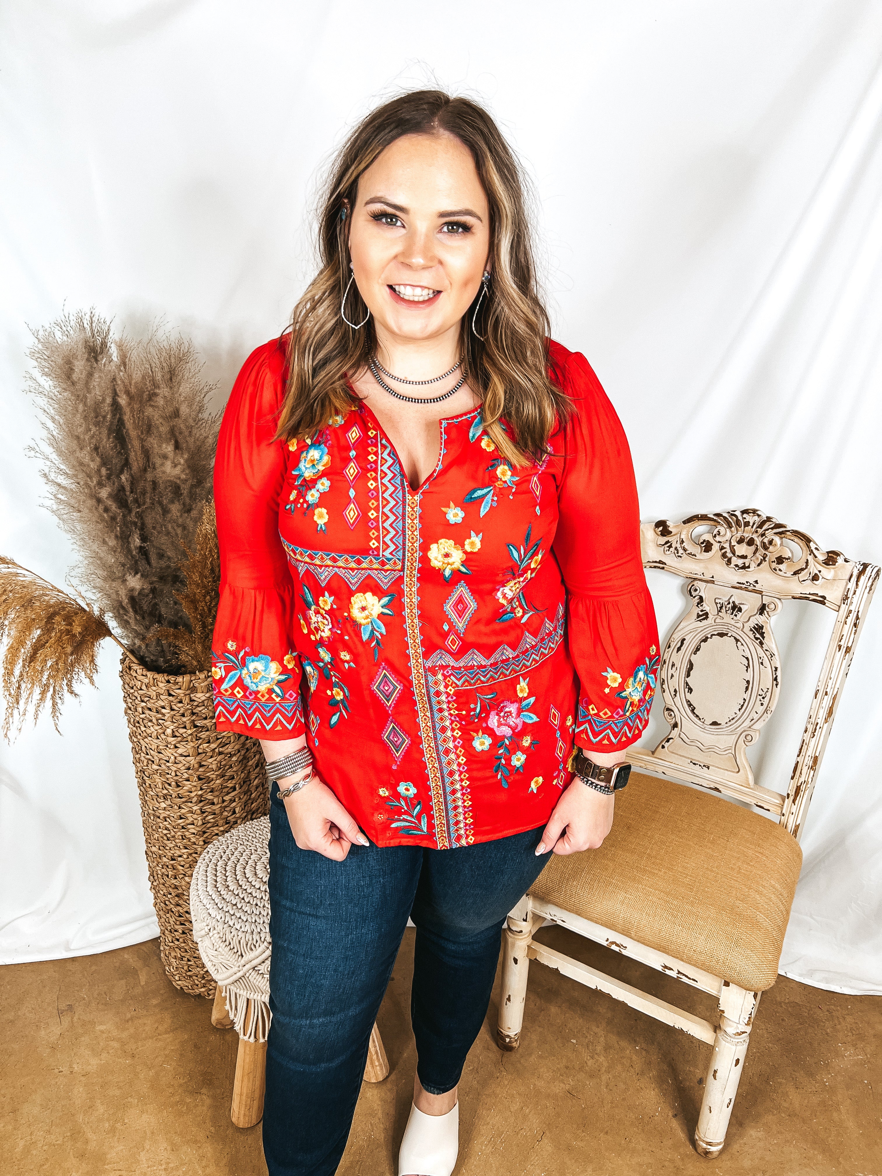 Light the Way 3/4 Sleeve Embroidered Top with Notched Neck in Red - Giddy Up Glamour Boutique