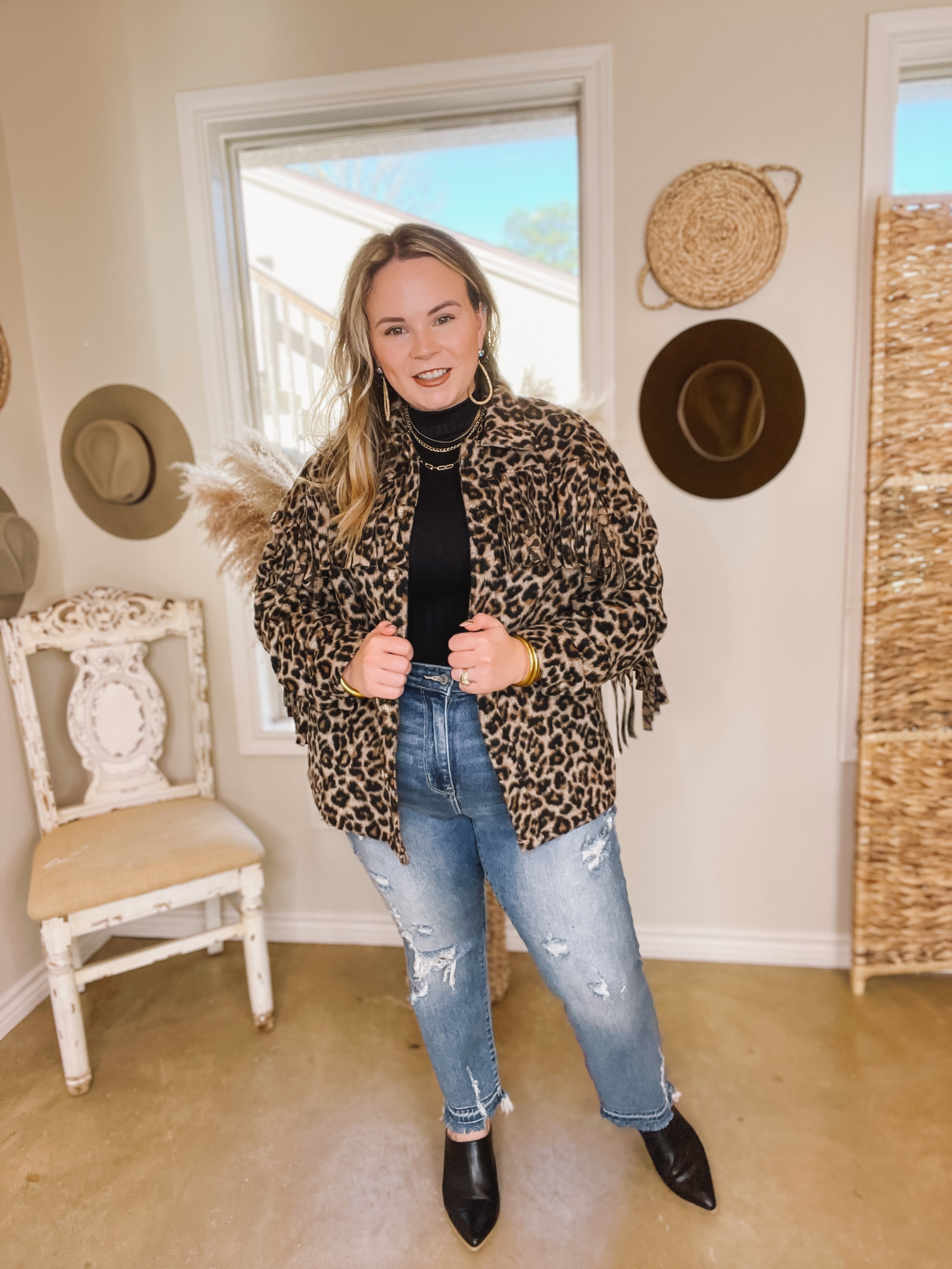 Take Over Leopard Print Button Up Jacket with Fringe in Brown - Giddy Up Glamour Boutique