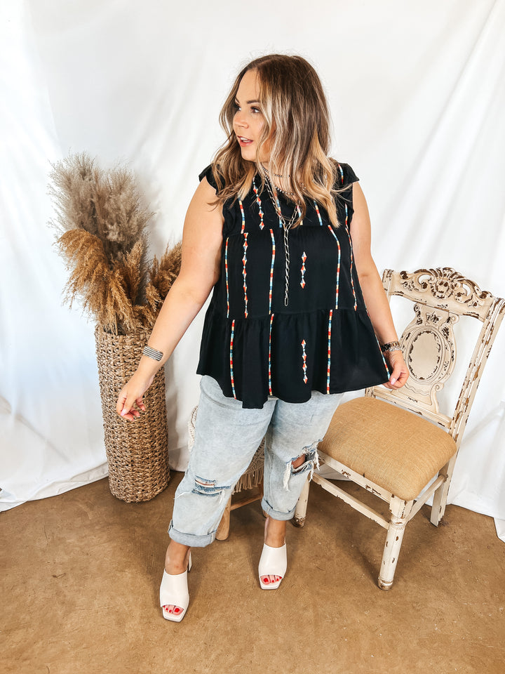 Rum Punch Embroidered Tiered Top with Ruffle Cap Sleeves in Black - Giddy Up Glamour Boutique