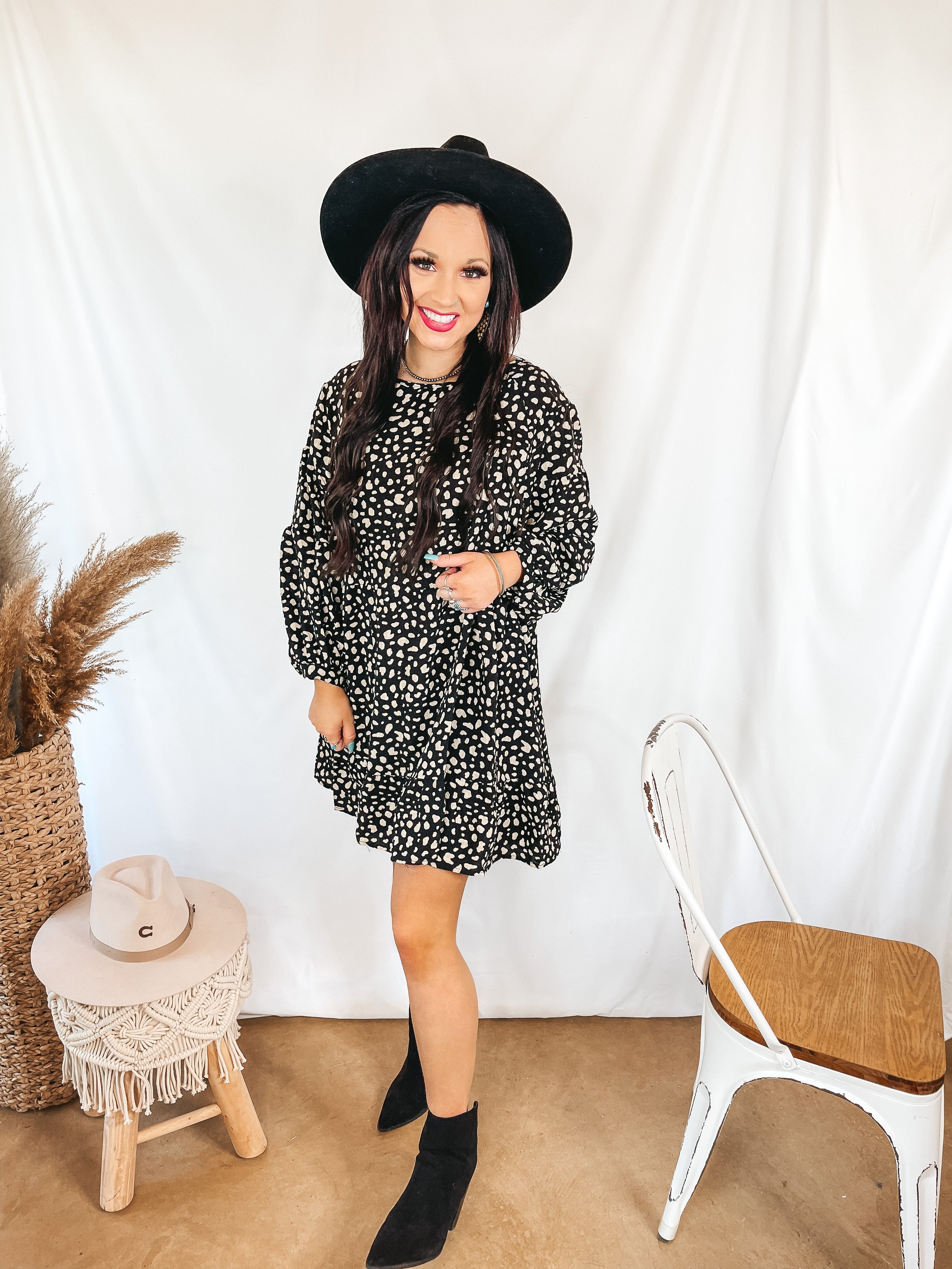 Just Like Magic Dotted Babydoll Dress with Balloon Sleeves in Black - Giddy Up Glamour Boutique