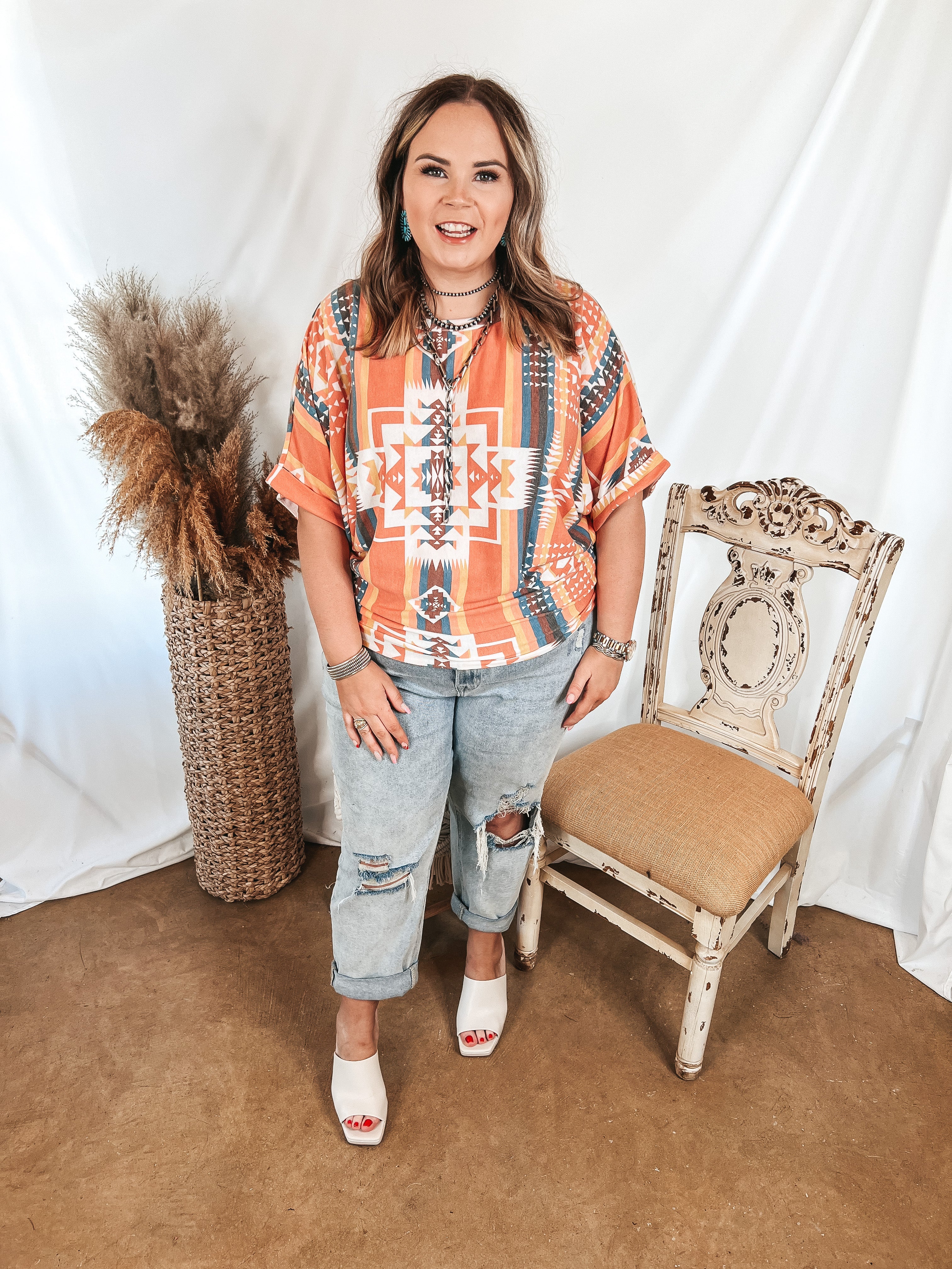 Western Weather Aztec Print Striped Short Sleeve Top in Coral Mix - Giddy Up Glamour Boutique