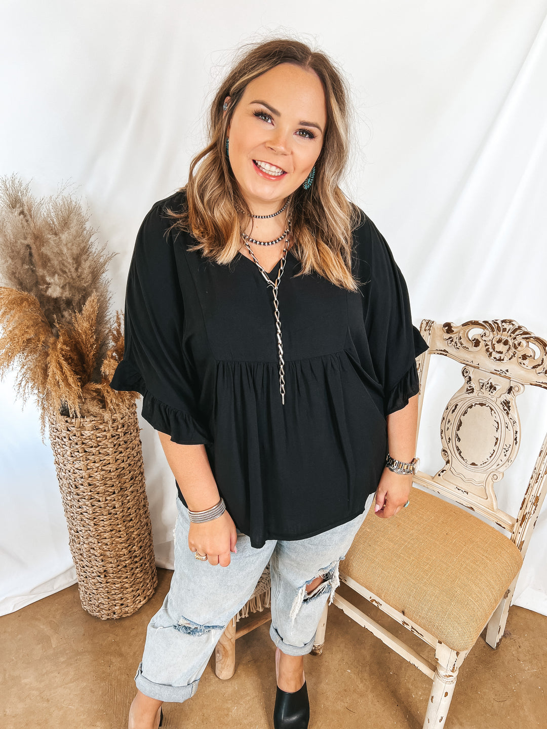 Blissful Moments Ruffle Sleeve V Neck Blouse in Black - Giddy Up Glamour Boutique