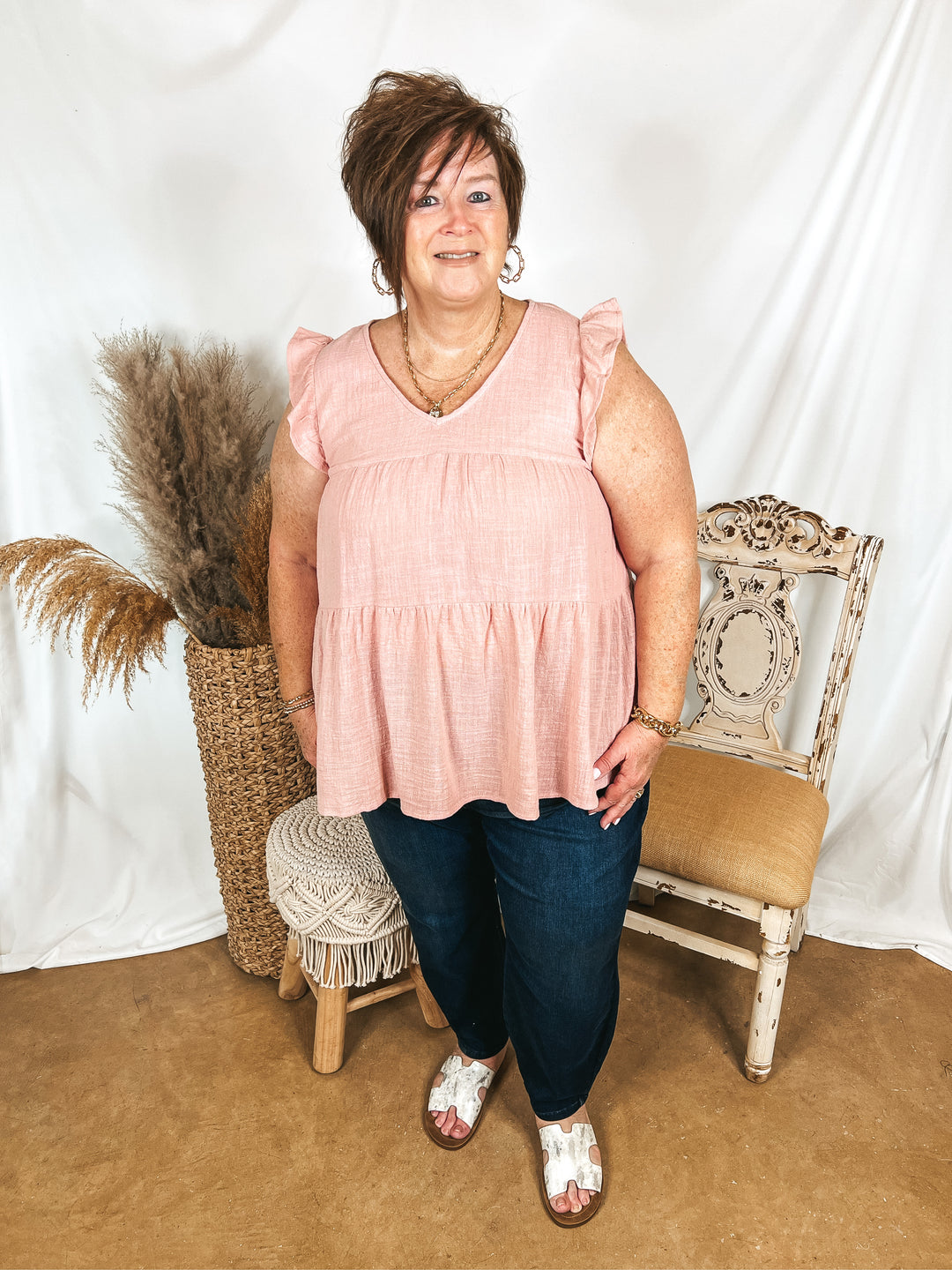 Stay Wonderful Solid Tiered Top with Ruffle Cap Sleeves in Dusty Pink - Giddy Up Glamour Boutique