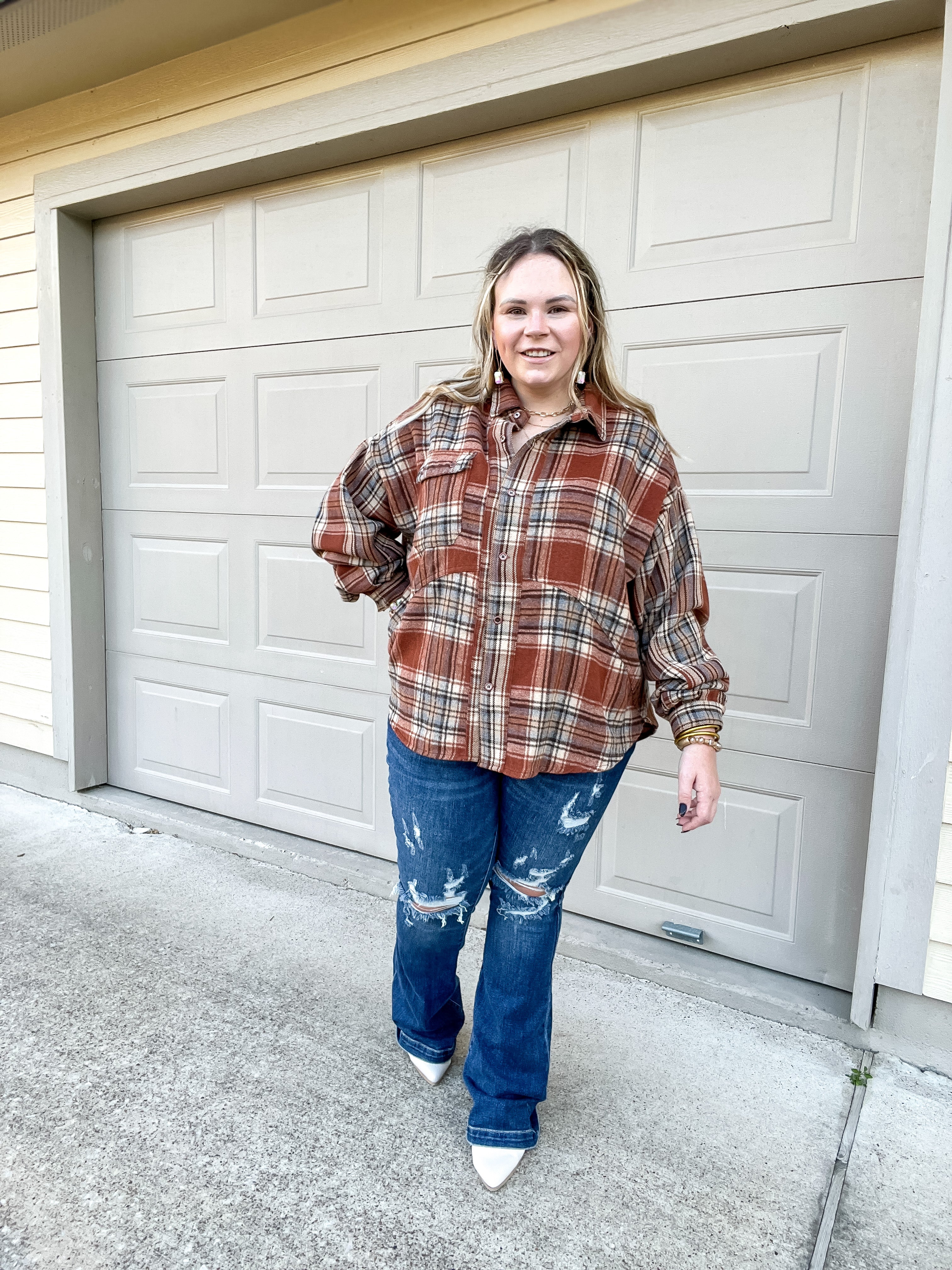 Coffee At Sunrise Button Up Plaid Shacket with Long Sleeves in Rust Brown - Giddy Up Glamour Boutique