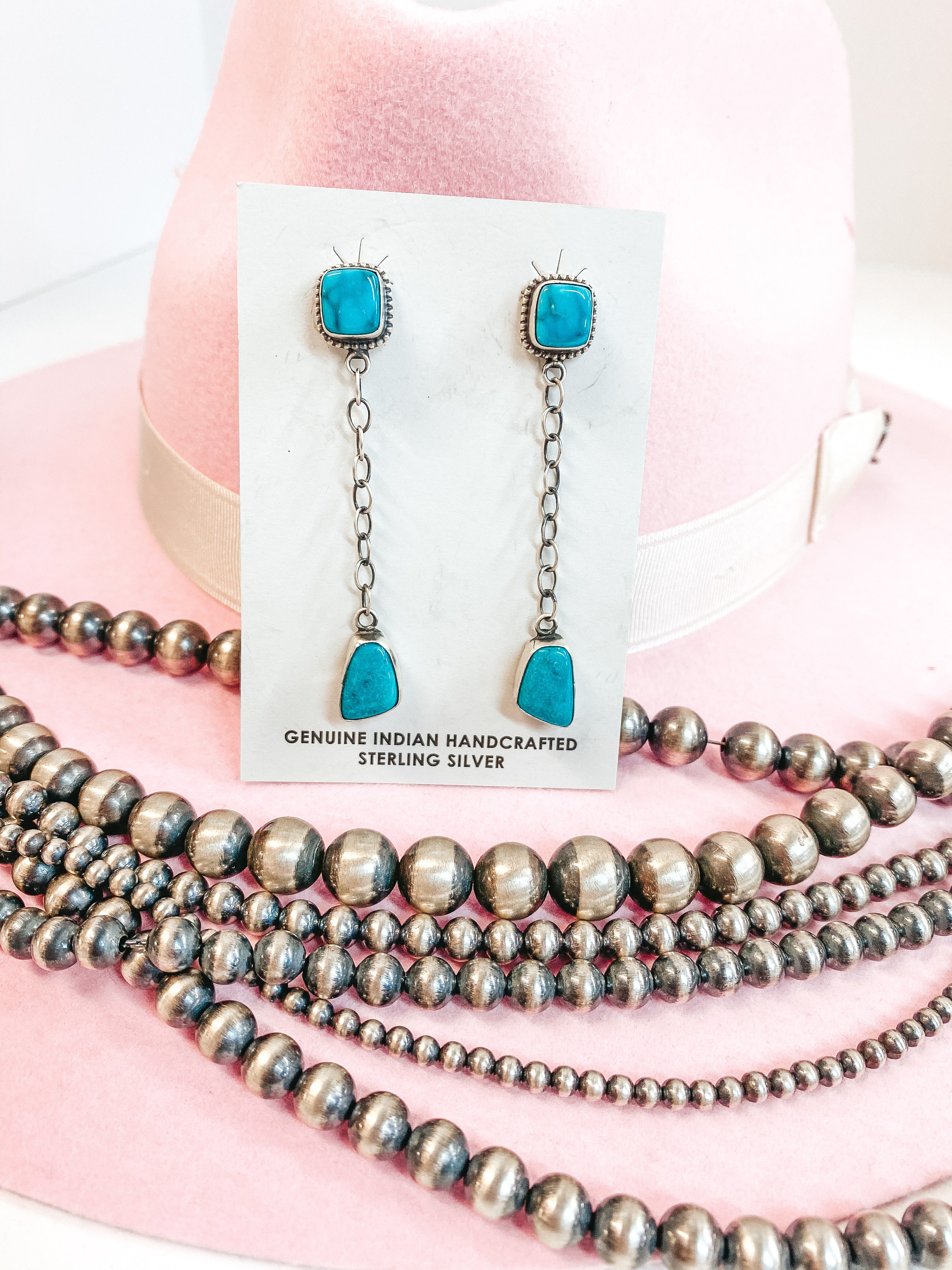 Tricia Smith | Navajo Handmade Sterling Silver Chain Drop Earrings with Kingman Turquoise Studs - Giddy Up Glamour Boutique