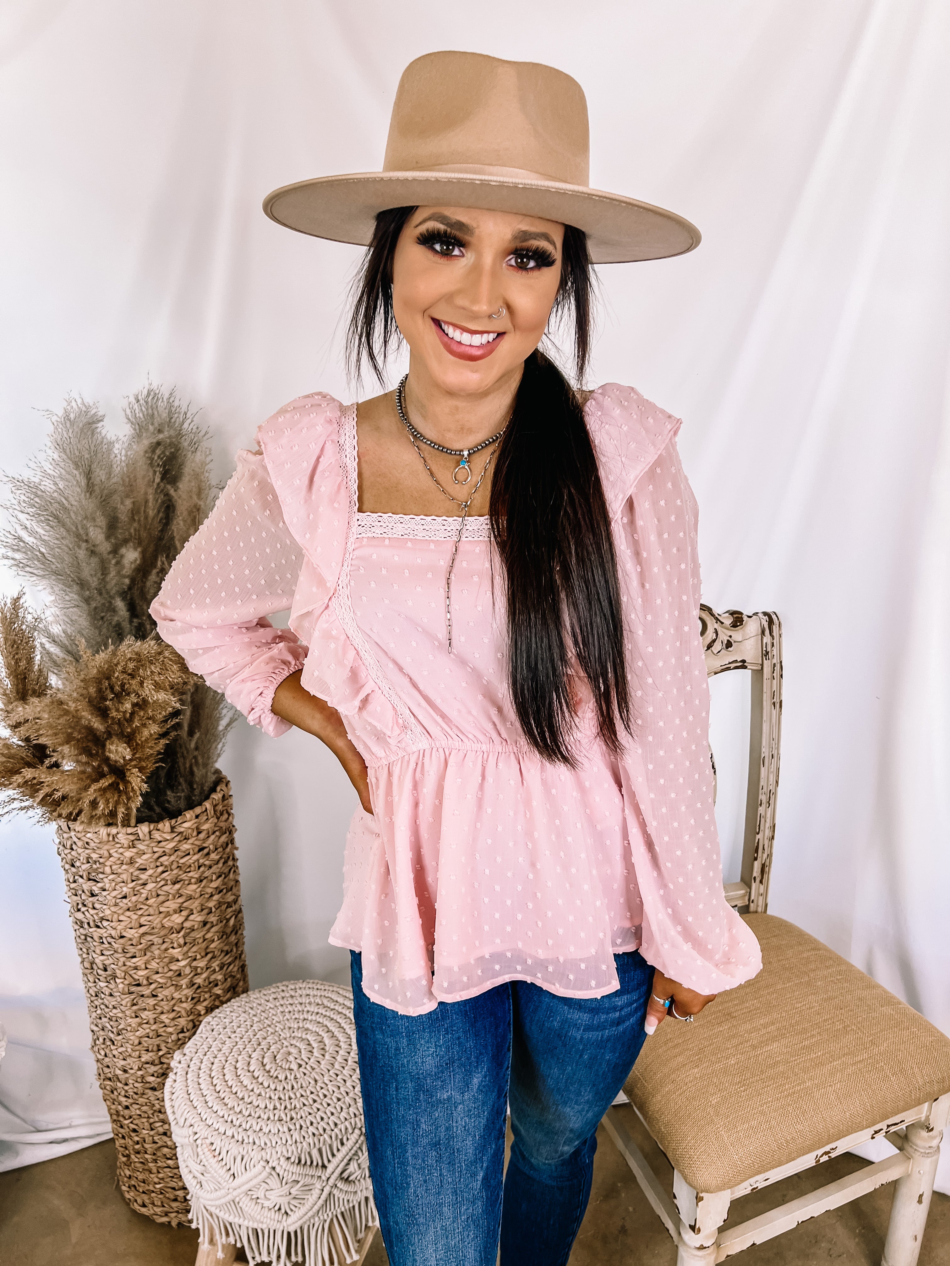 Spring Into Action Swiss Dot Long Sleeve Peplum Top with Ruffle Detail in Baby Pink - Giddy Up Glamour Boutique