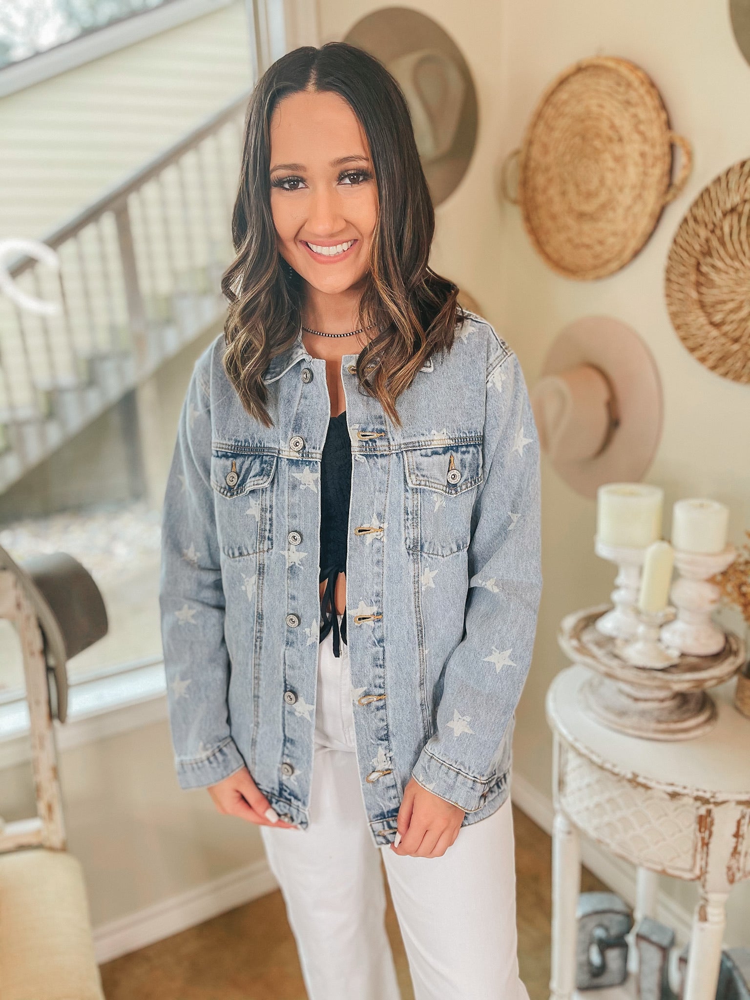 Star Sign Button Up Denim Jacket with Stars in Light Wash - Giddy Up Glamour Boutique