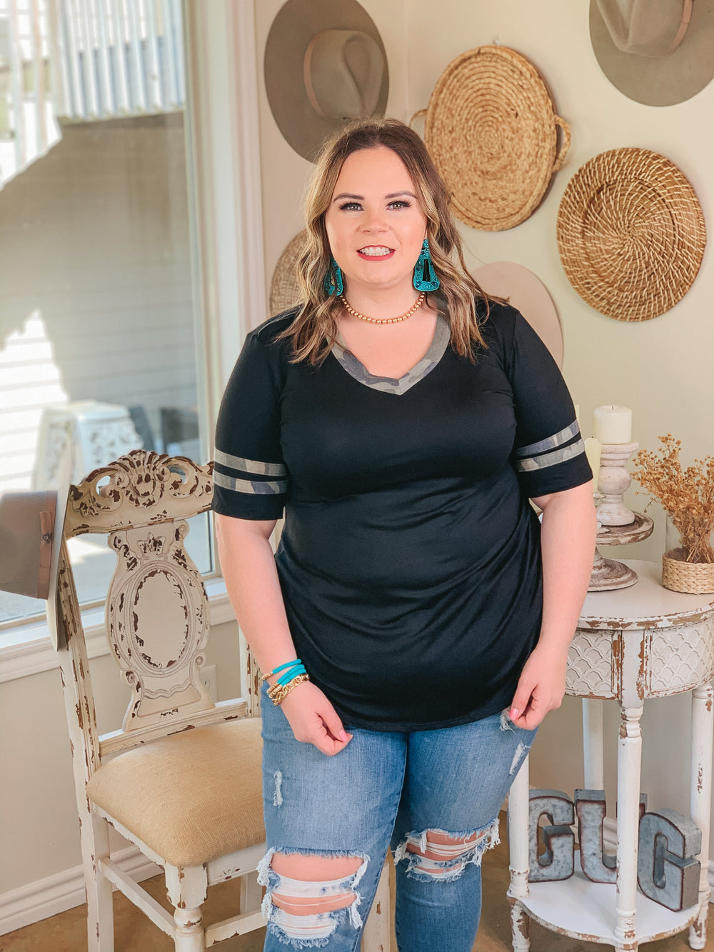 Last Chance Size Small | Divine Comfort Camouflage Detail V Neck Tee in Black - Giddy Up Glamour Boutique