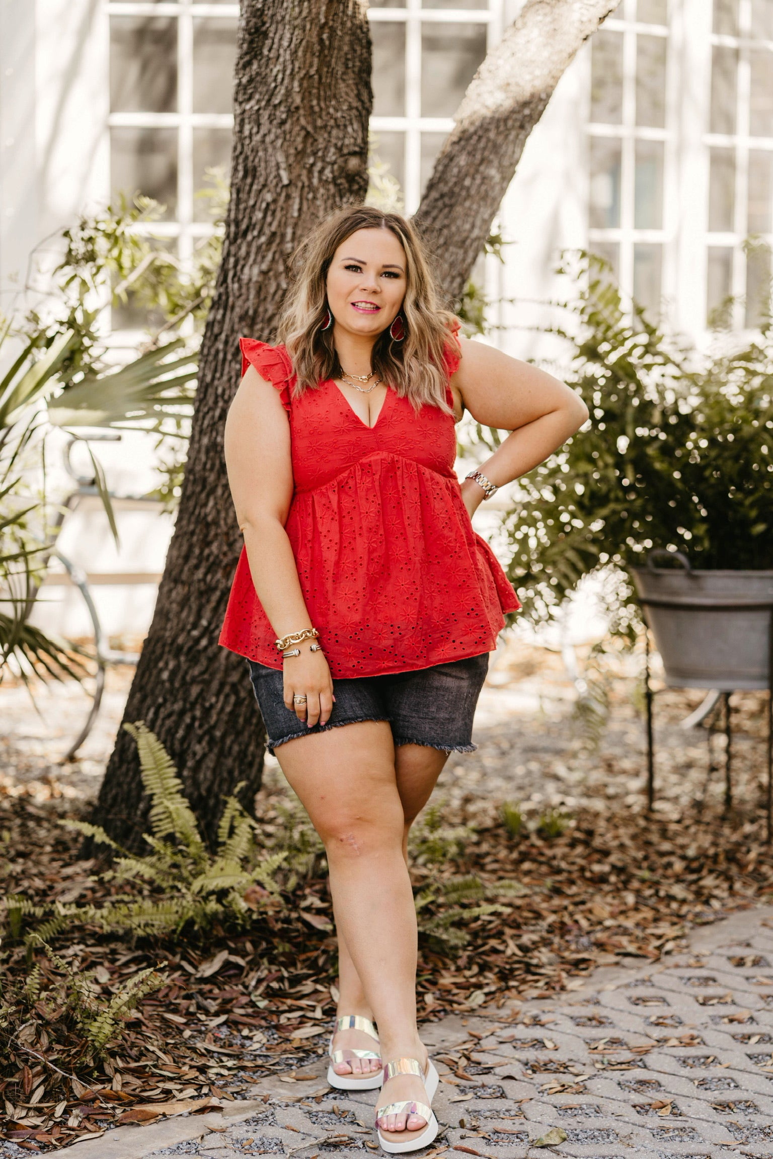 Last Chance Size Med. & Large | A Walk On The Pier Ruffle Sleeve Eyelet Babydoll Top in Red - Giddy Up Glamour Boutique