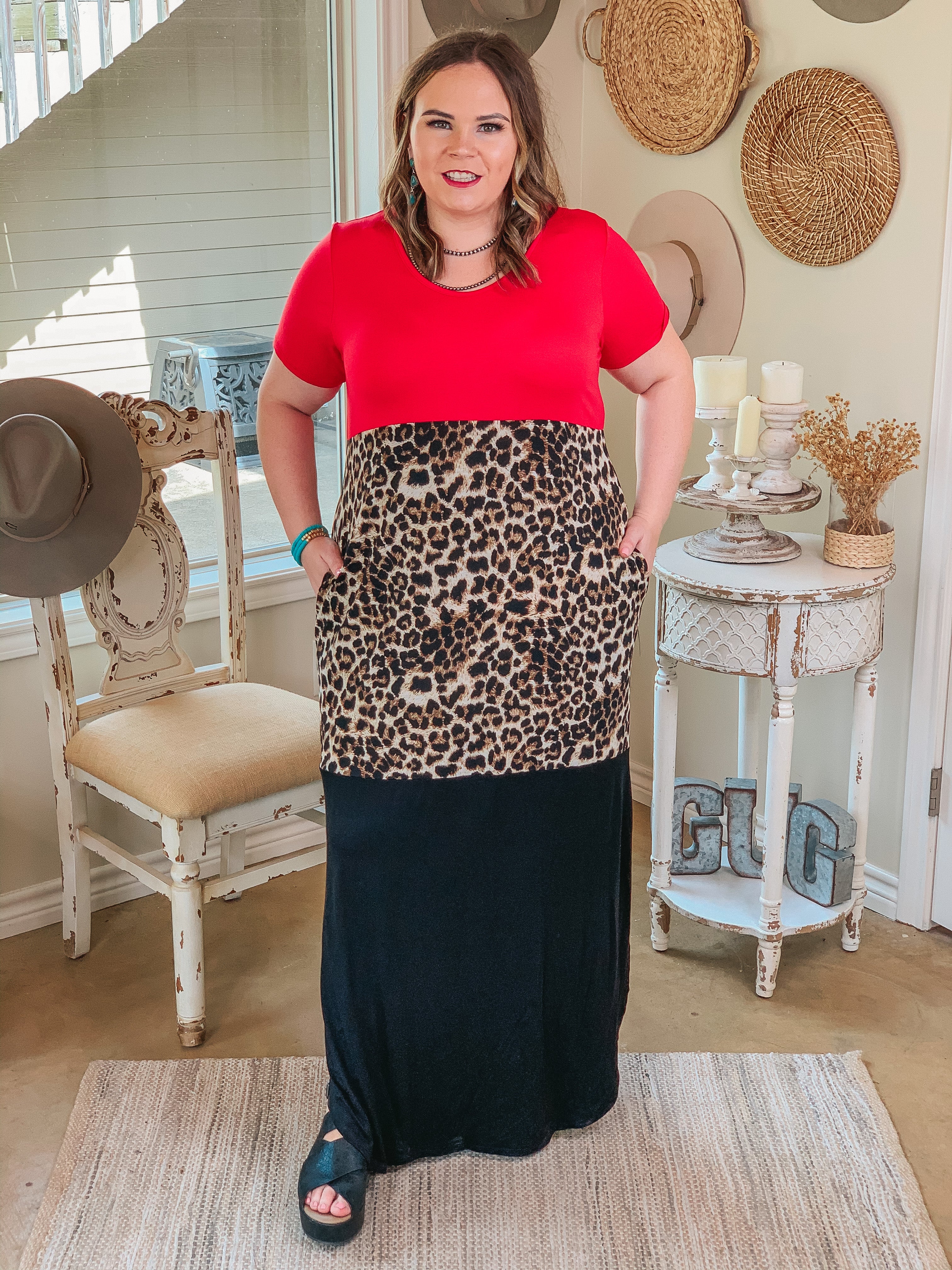 Last Chance Size Small & Medium | Change of Plans Leopard Print Color Block Maxi Dress in Red - Giddy Up Glamour Boutique