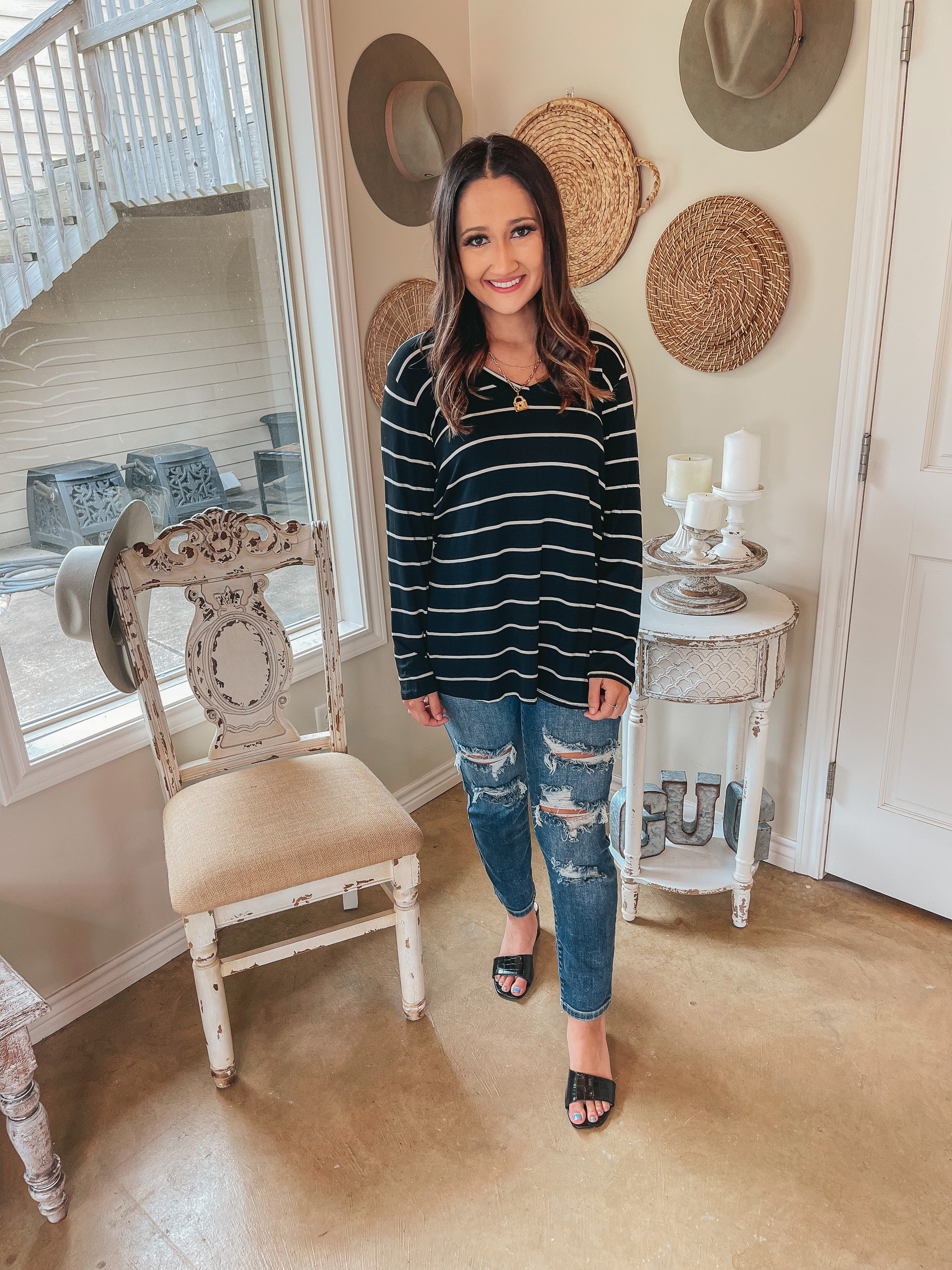 Keep Things Casual Long Sleeve Striped V Neck Tee in Black - Giddy Up Glamour Boutique