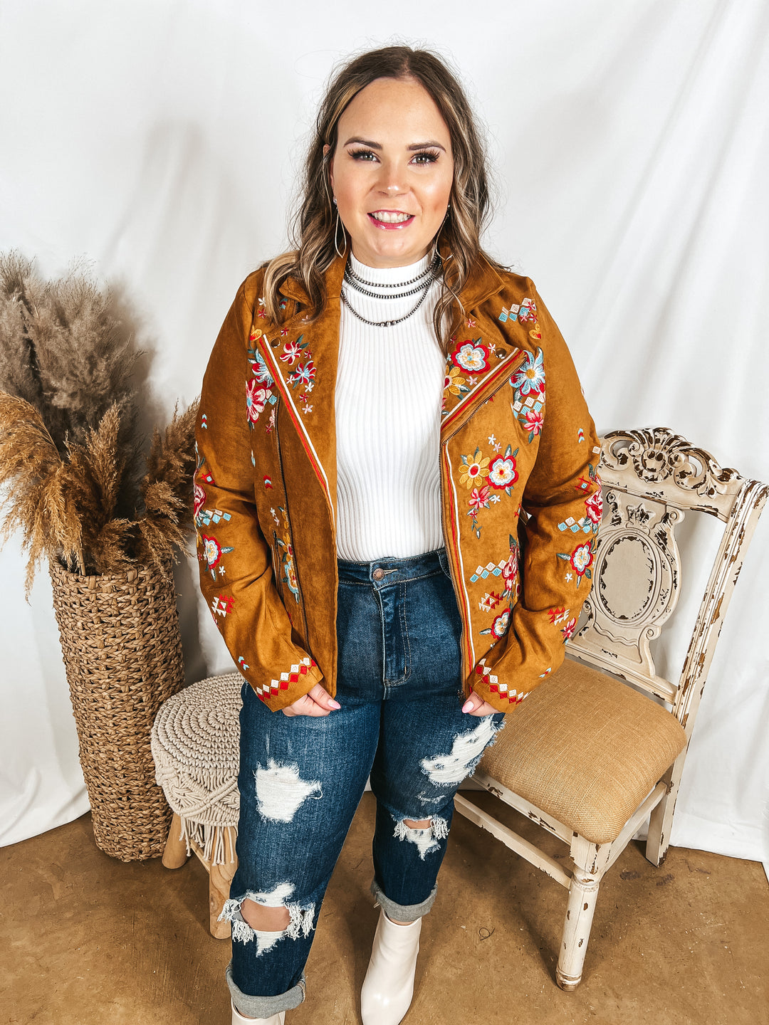 Wyoming Wind Embroidered Suede Jacket in Camel Brown - Giddy Up Glamour Boutique